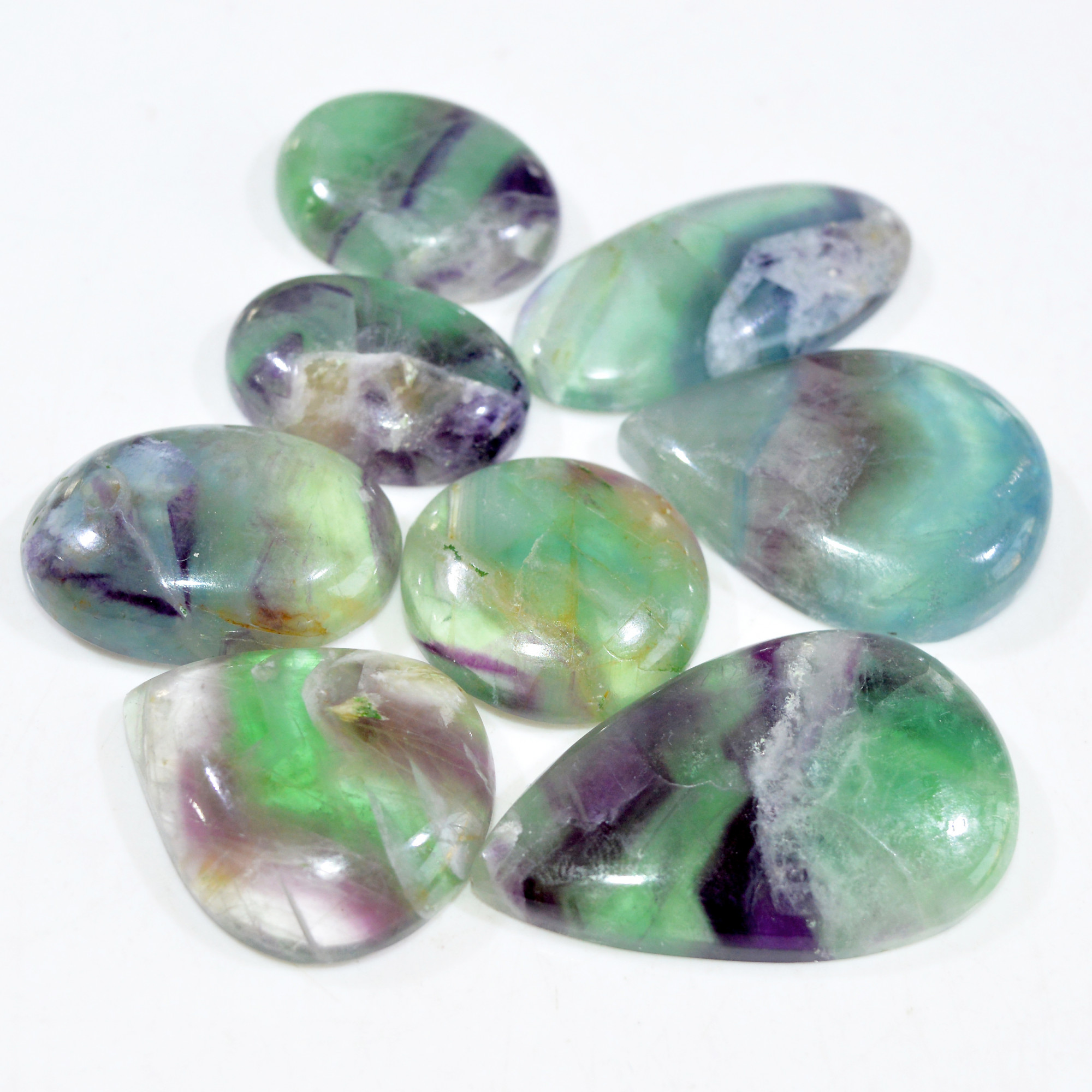 8 Pcs 380 Cts Natural Fluorite Cabochon Loose Gemstone Lot Healing Crystal For Jewelry Making Semi-Precious Gemstones 40x23 20x20mm 15226