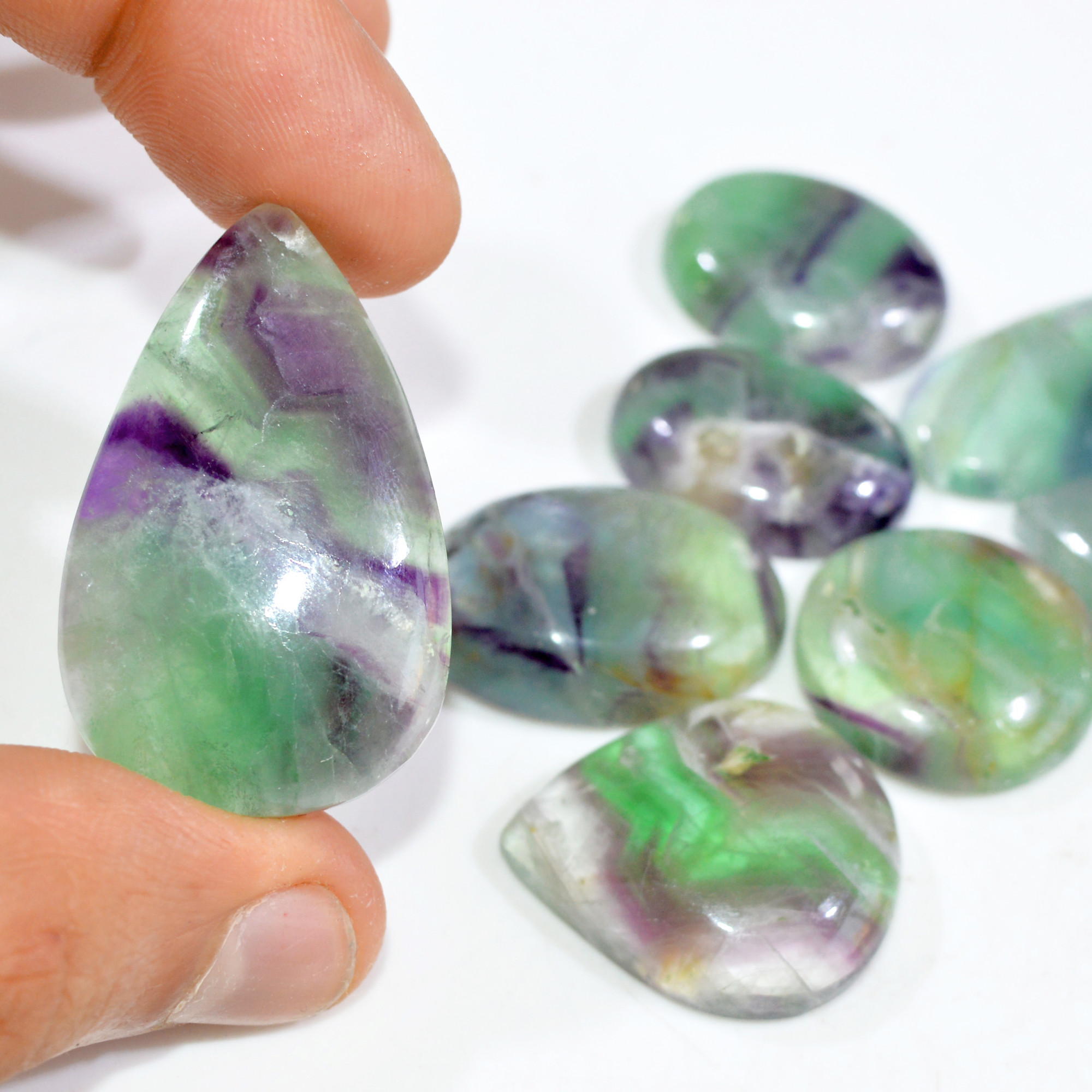 8 Pcs 380 Cts Natural Fluorite Cabochon Loose Gemstone Lot Healing Crystal For Jewelry Making Semi-Precious Gemstones 40x23 20x20mm 15226