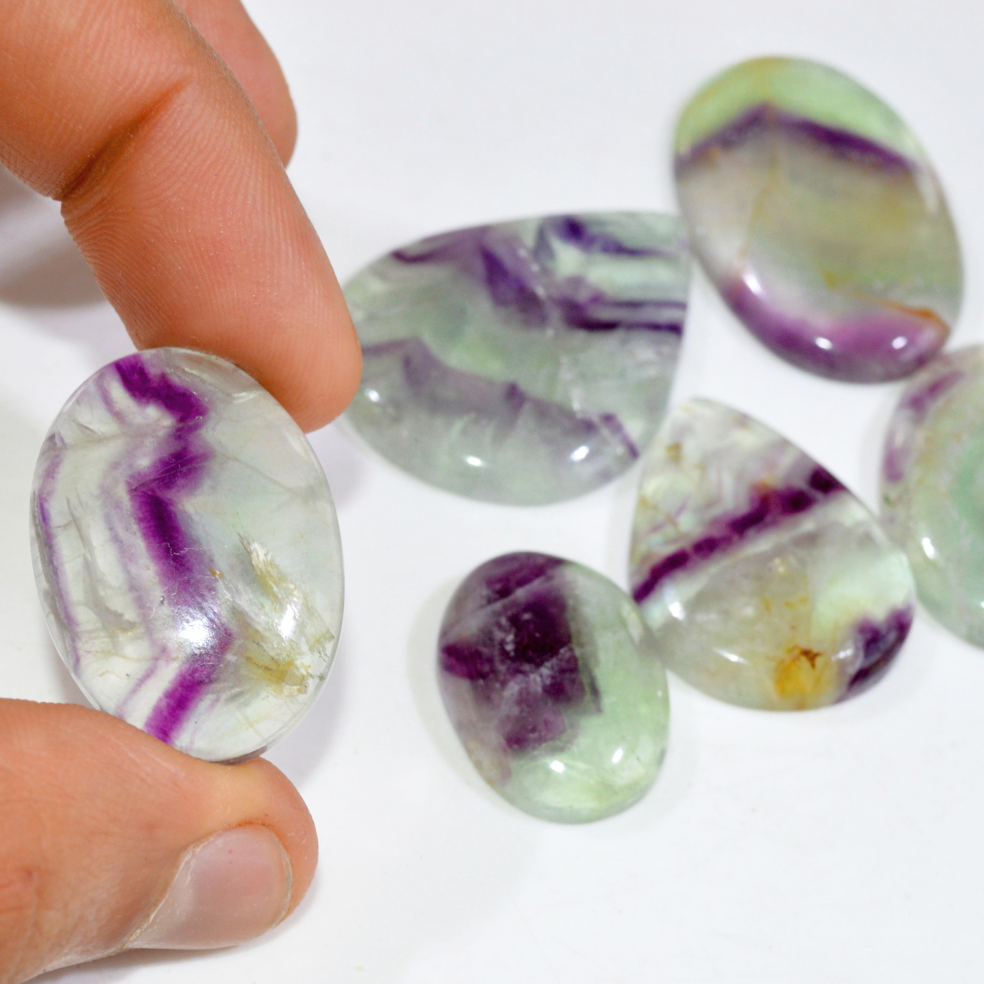 6 Pcs 318 Cts Natural Fluorite Cabochon Loose Gemstone Lot Healing Crystal For Jewelry Making Semi-Precious Gemstones 40x30 24x16mm 15228