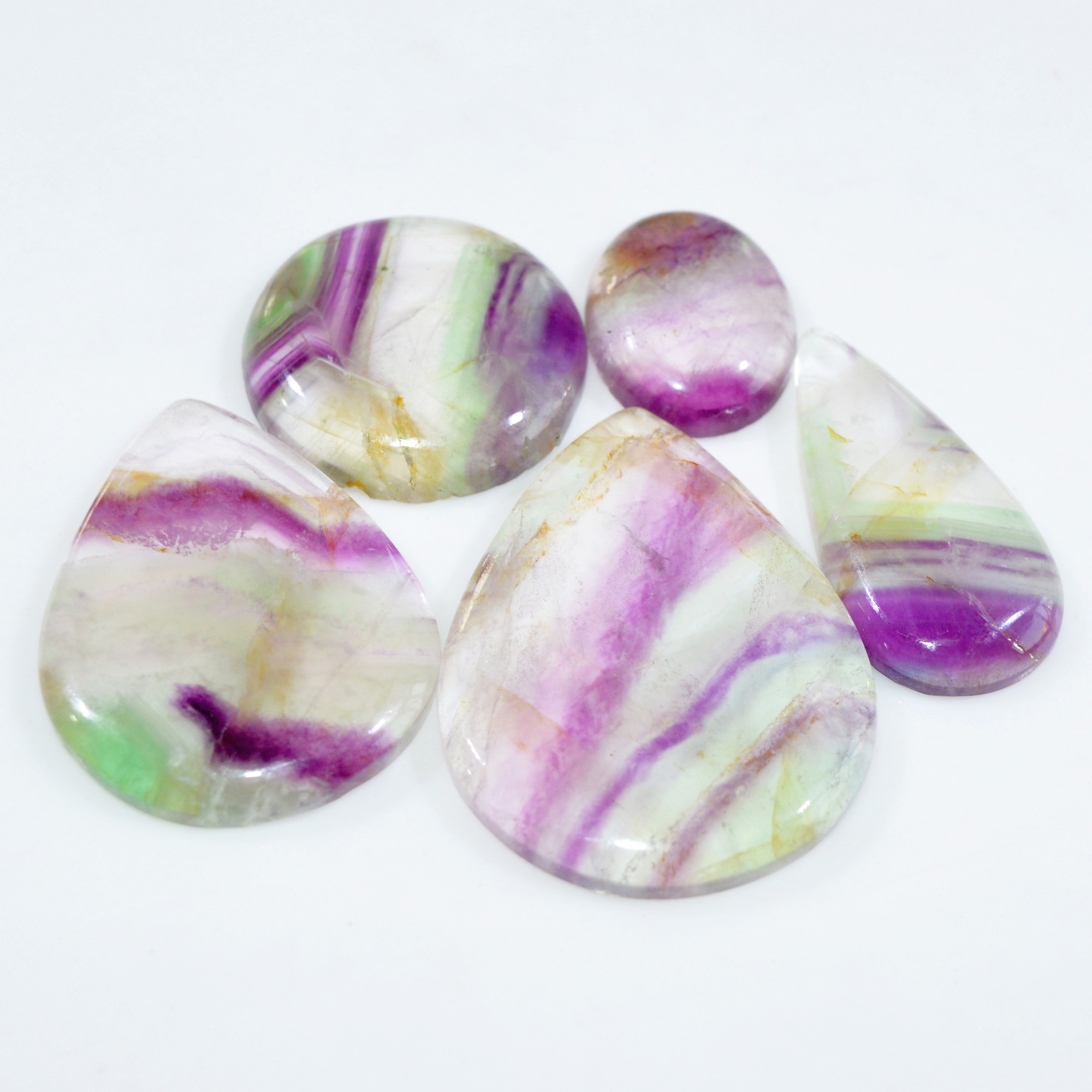 5 Pcs 386 Cts Natural Fluorite Cabochon Loose Gemstone Lot Healing Crystal For Jewelry Making Semi-Precious Gemstones 46x36 25x18mm 15229