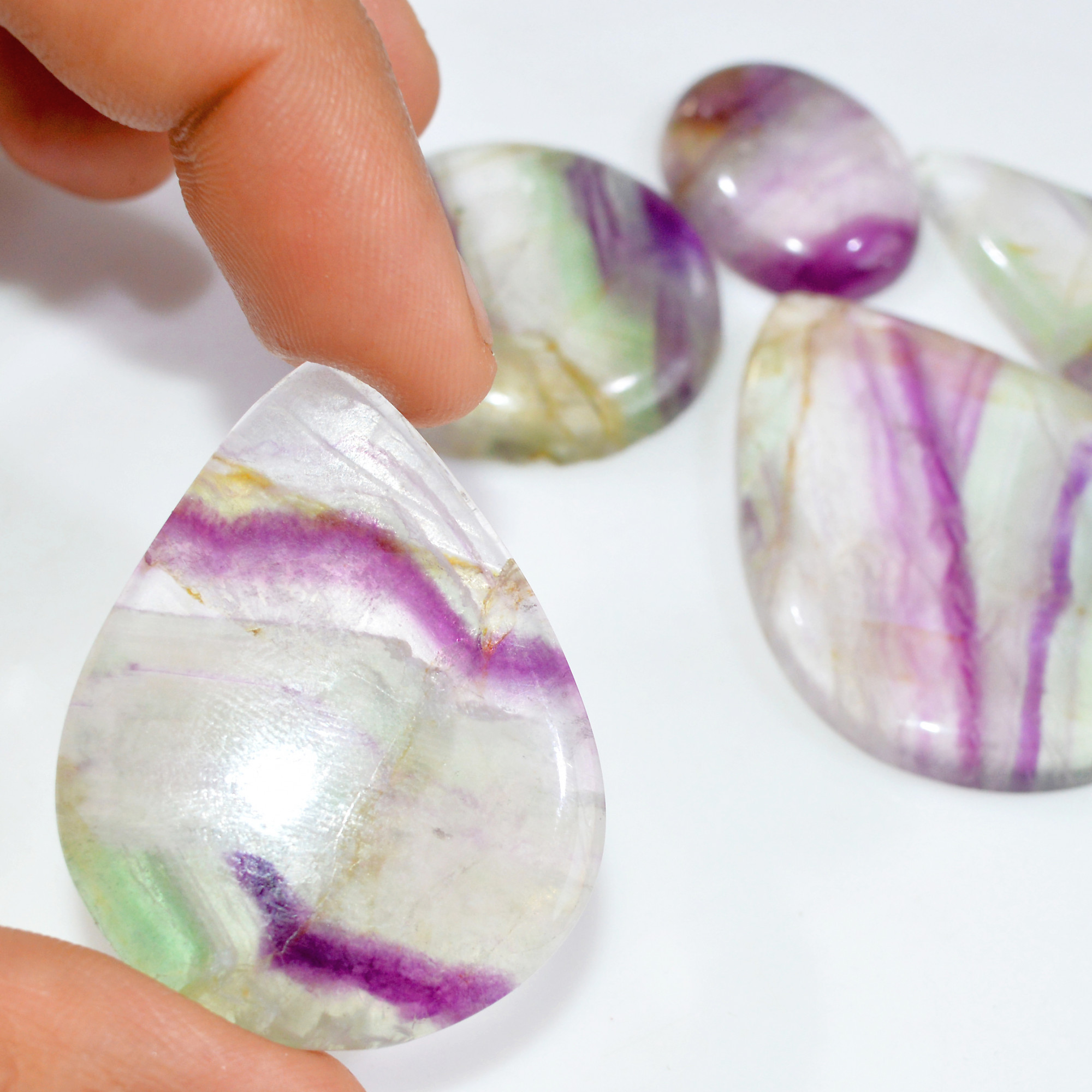 5 Pcs 386 Cts Natural Fluorite Cabochon Loose Gemstone Lot Healing Crystal For Jewelry Making Semi-Precious Gemstones 46x36 25x18mm 15229