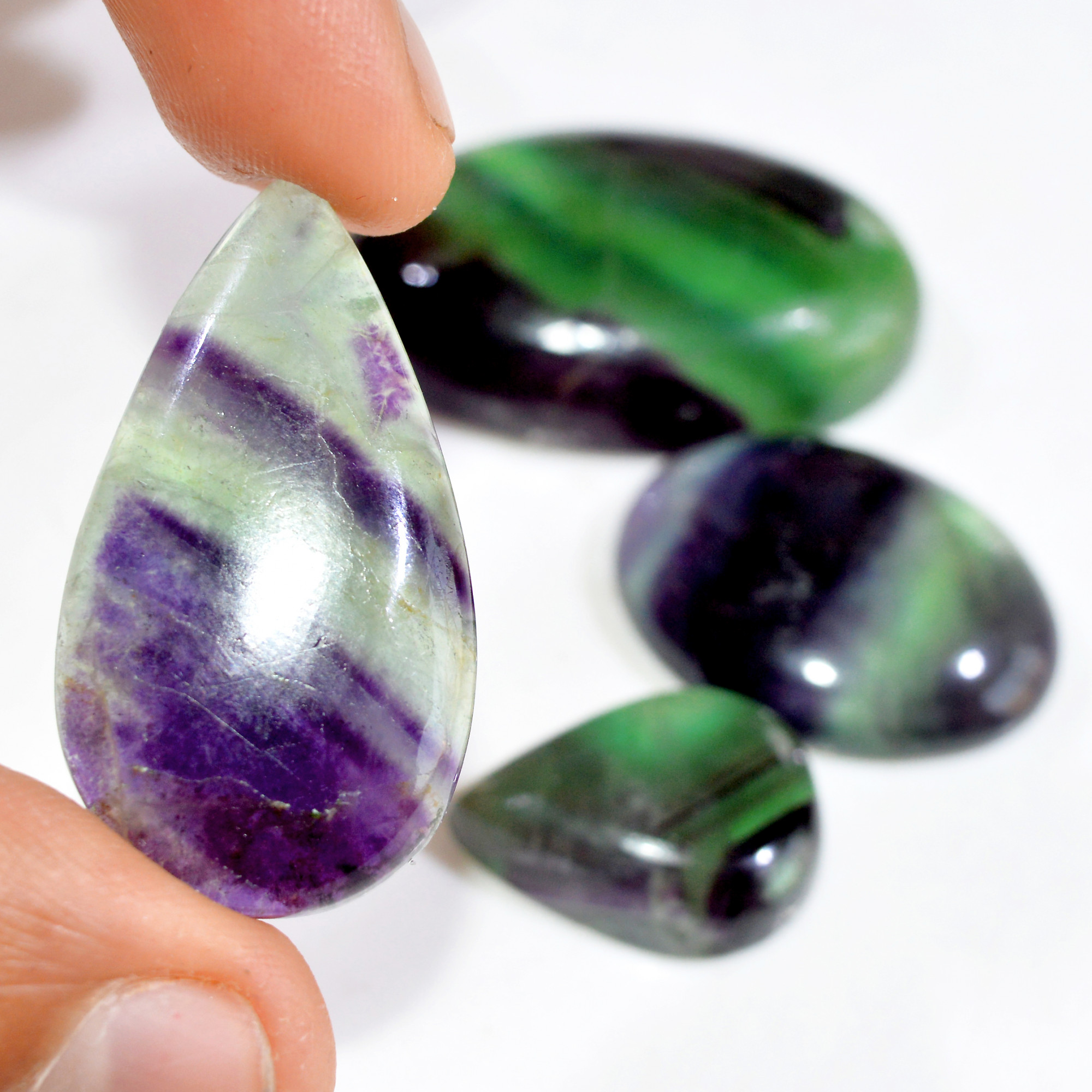 4 Pcs 229 Cts Natural Fluorite Cabochon Loose Gemstone Lot Healing Crystal For Jewelry Making Semi-Precious Gemstones 40x24 21x15mm 15230