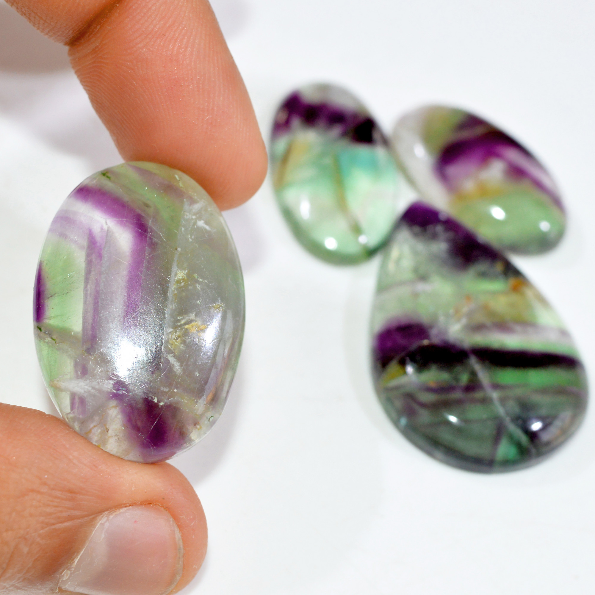 4 Pcs 211 Cts Natural Fluorite Cabochon Loose Gemstone Lot Multi colored Crystal Loose Gemstone for Jewelry Making 40x25 27x15mm 15238