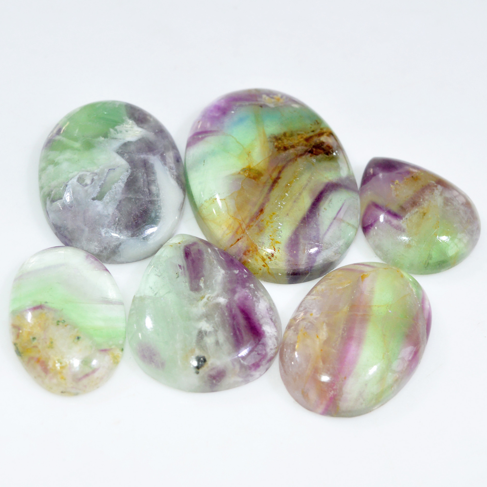 6 Pcs 345 Cts Natural Fluorite Cabochon Loose Gemstone Lot Multi colored Crystal Rainbow Gemstone for Jewelry Making 40x29 24x20mm 15255