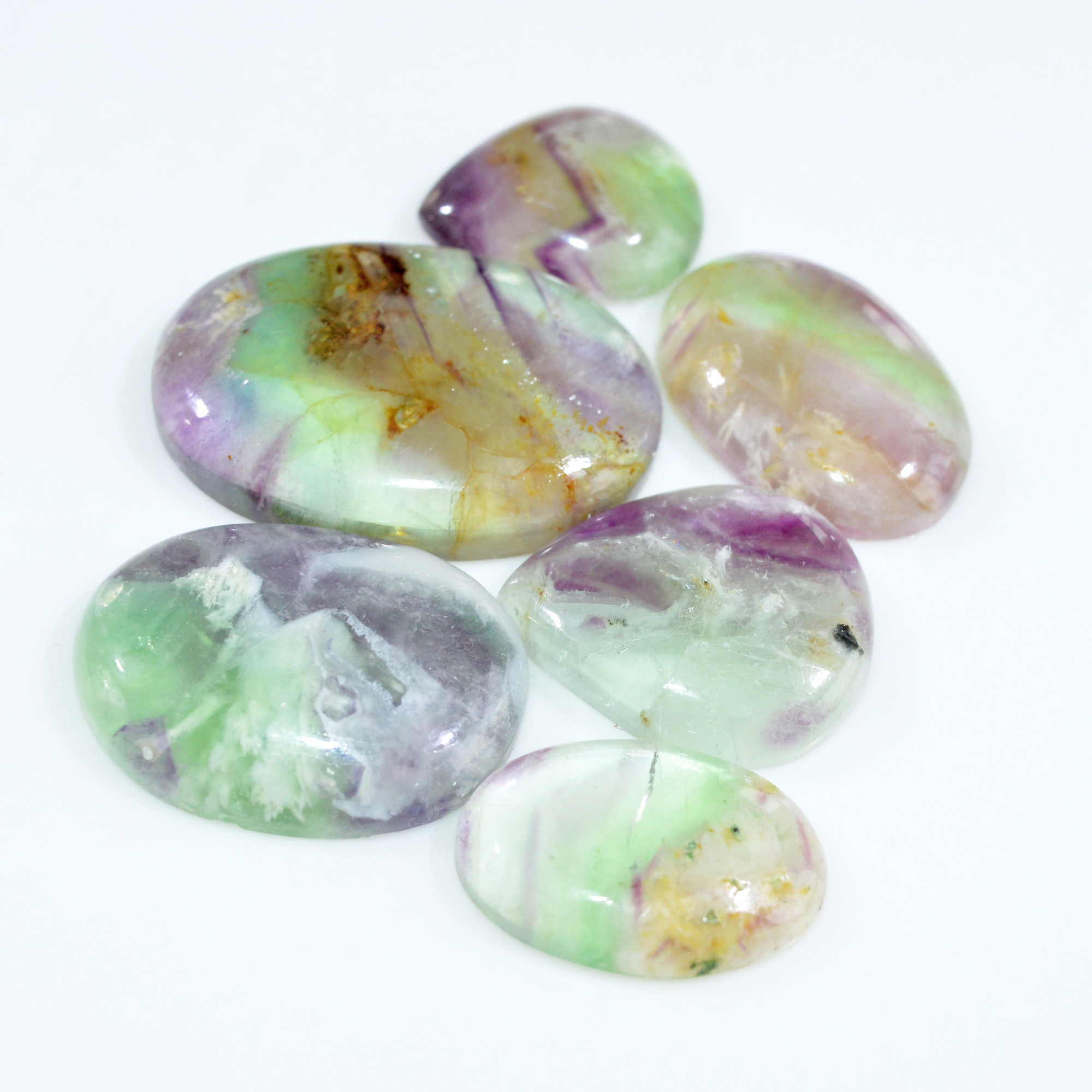 6 Pcs 345 Cts Natural Fluorite Cabochon Loose Gemstone Lot Multi colored Crystal Rainbow Gemstone for Jewelry Making 40x29 24x20mm 15255