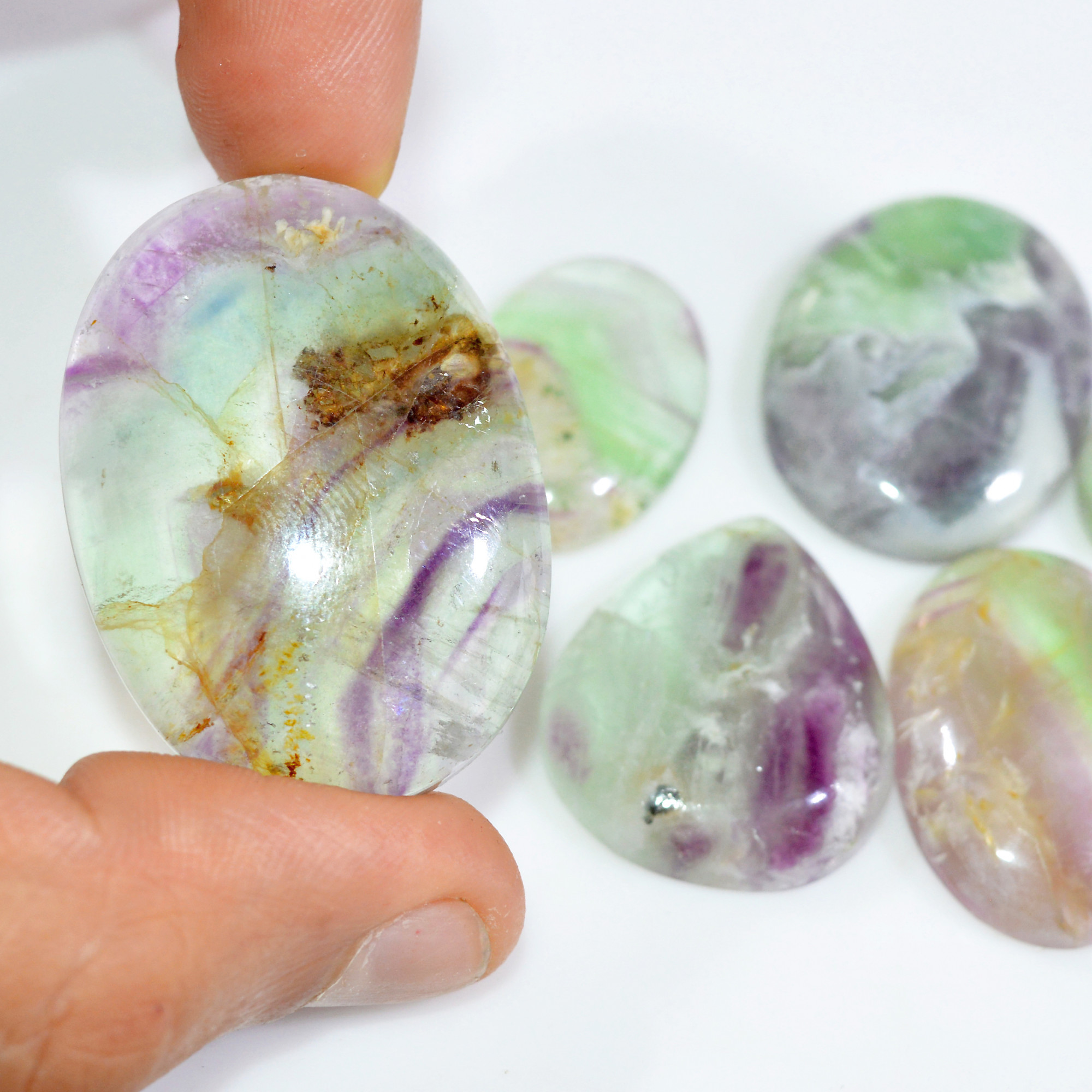 6 Pcs 345 Cts Natural Fluorite Cabochon Loose Gemstone Lot Multi colored Crystal Rainbow Gemstone for Jewelry Making 40x29 24x20mm 15255
