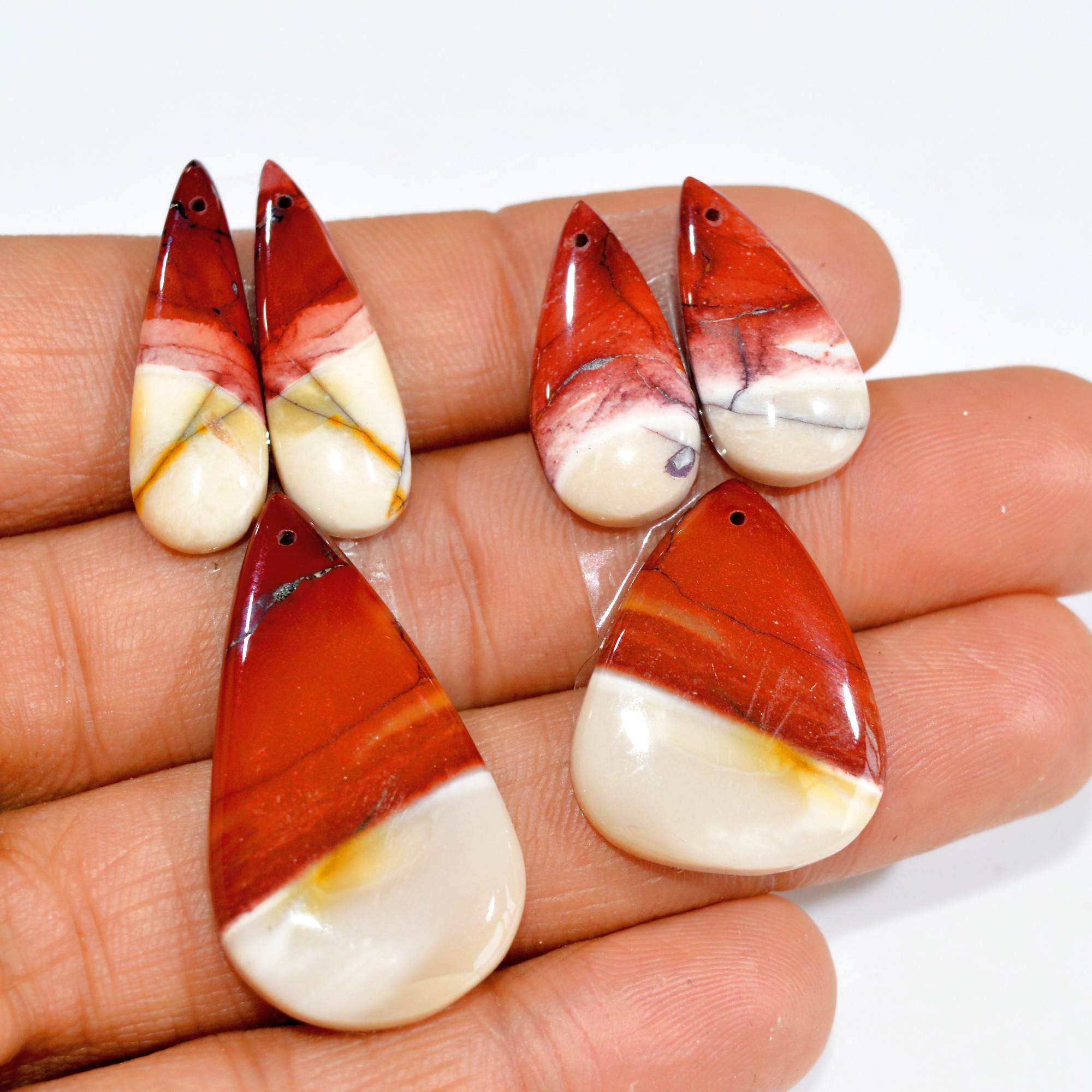 2 Sets 78 Cts Natural Red Mookaite Jasper 3 Pcs Set Front Drill For Matching Earring and Pendant Making Gift For Women Silver Jewelry 15268