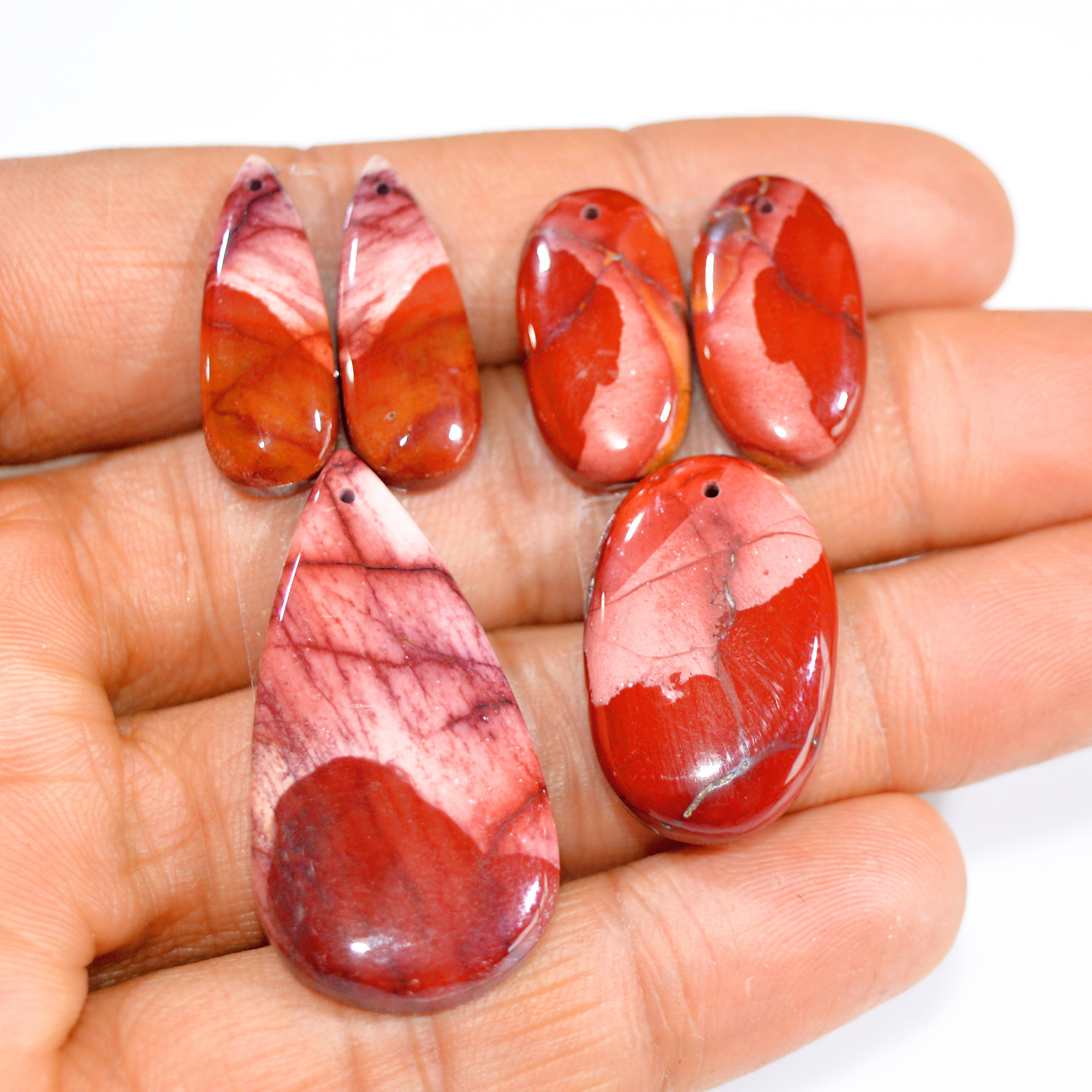 2 Sets 83 Cts Natural Red Mookaite Jasper 3 Pcs Set Front Drill For Matching Earring and Pendant Making Gift For Women Silver Jewelry 15275