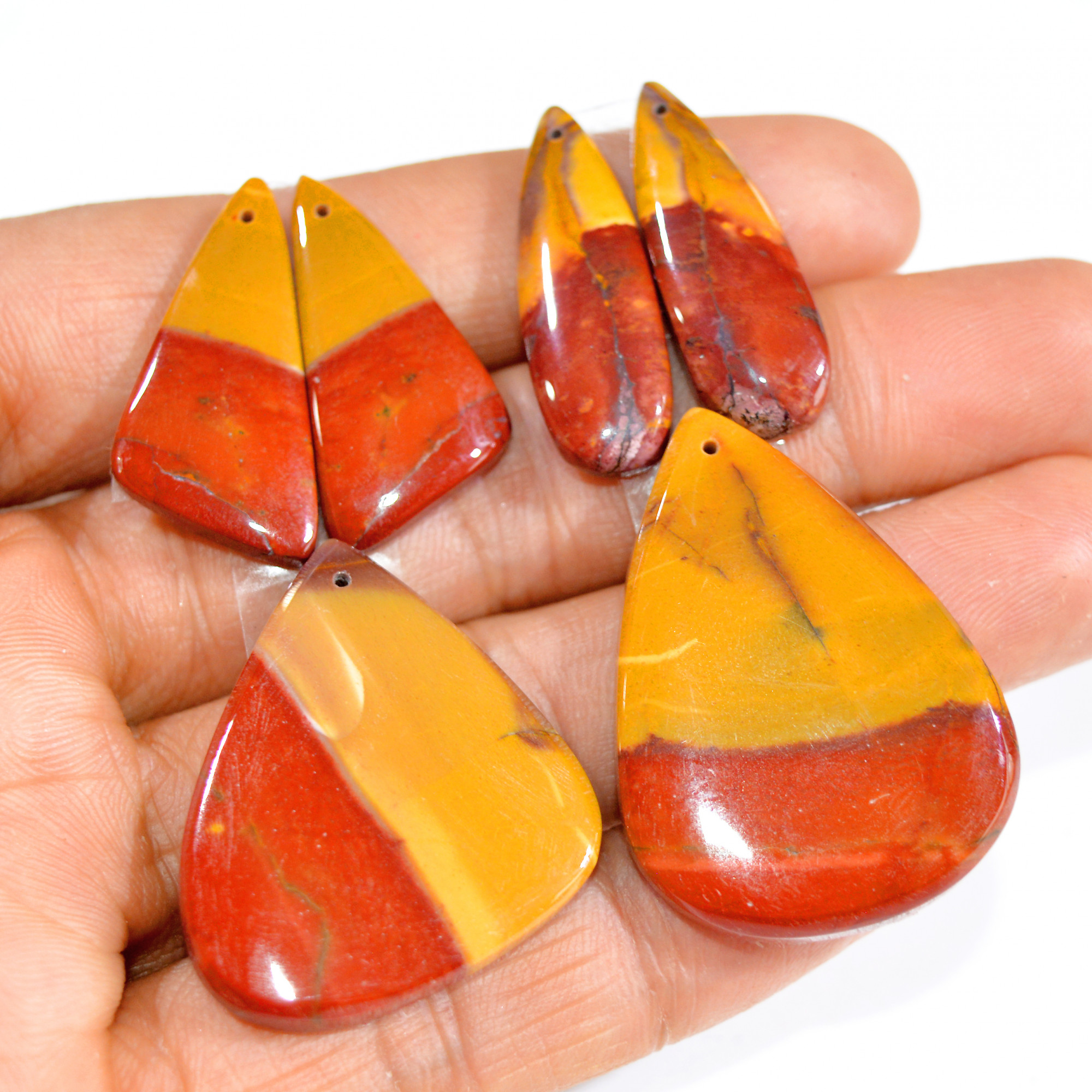 2 Sets 136 Cts Natural Red Mookaite Jasper 3 Pcs Set Front Drill For Matching Semi-Precious Gemstone For Earring and Pendant Making 15278