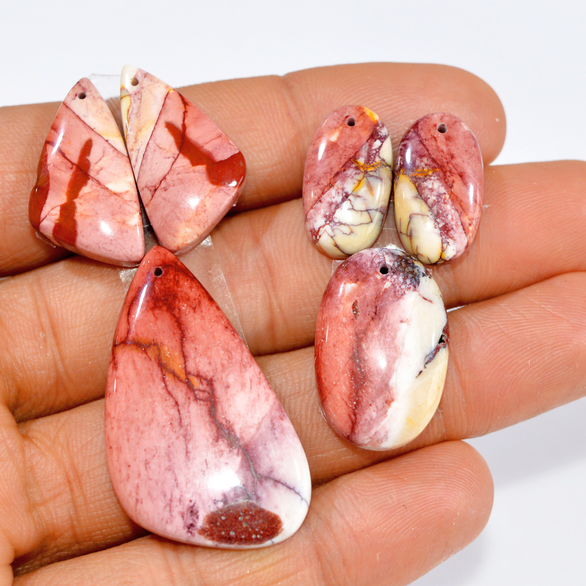 2 Sets 82 Cts Natural Red Mookaite Jasper 3 Pcs Set Front Drill For Matching Semi-Precious Gemstone For Earring and Pendant Making 15281