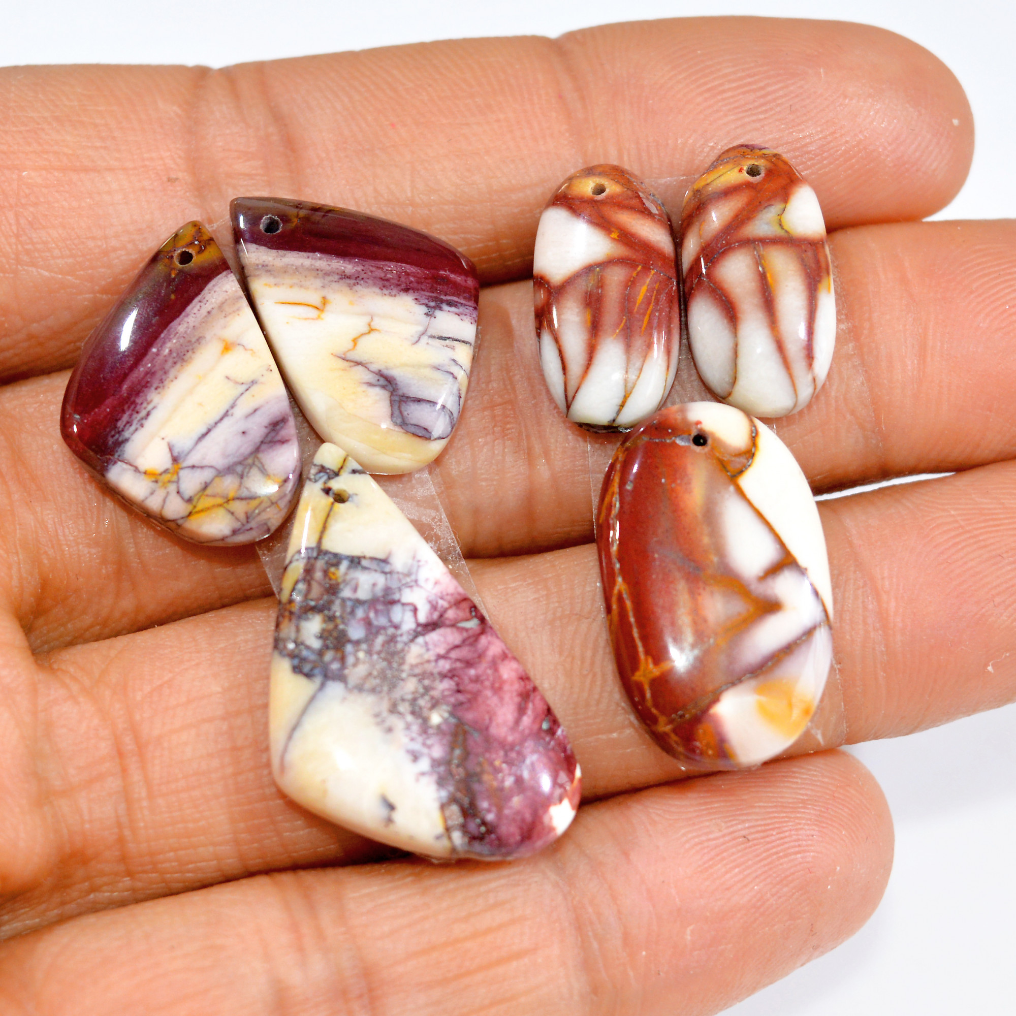 2 Sets 56 Cts Natural Red Mookaite Jasper 3 Pcs Set Front Drill For Matching Semi-Precious Gemstone For Earring and Pendant Making 15283