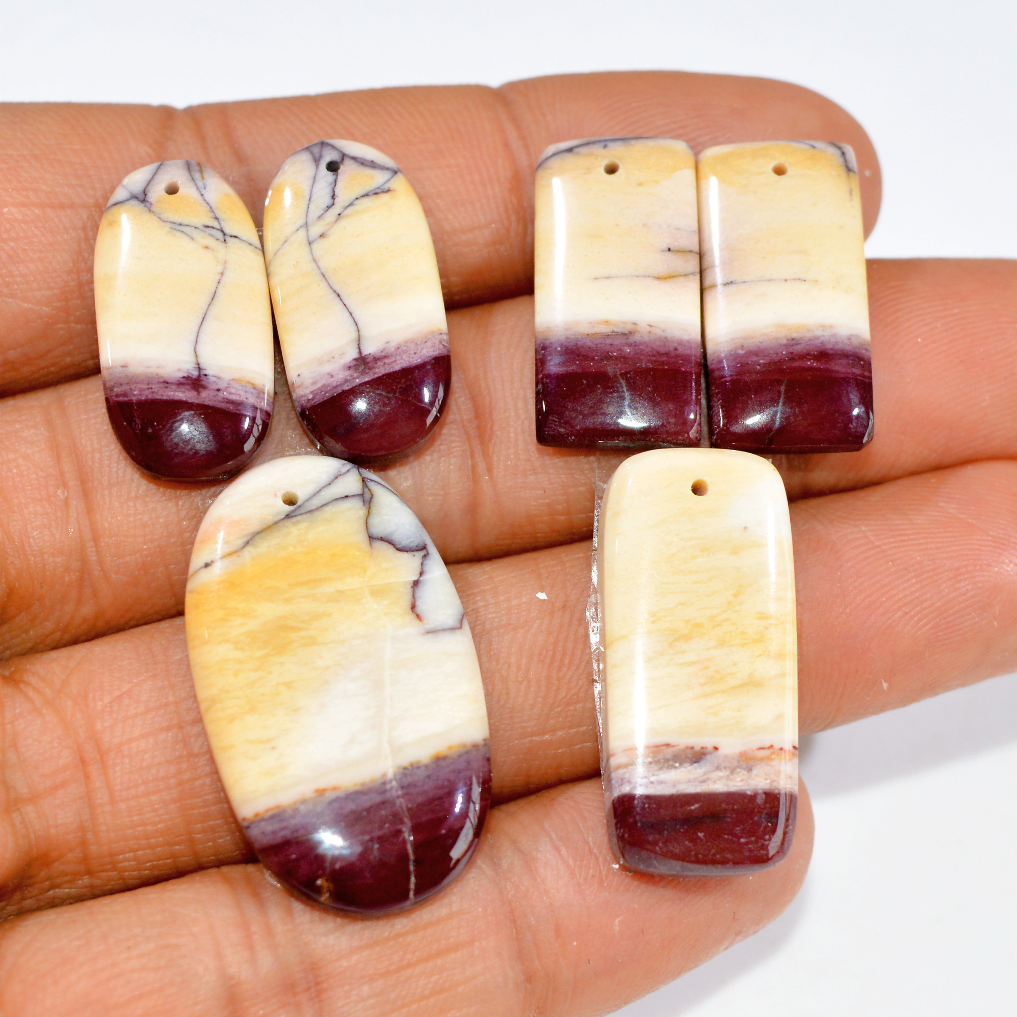 2 Sets 79 Cts Natural Red Mookaite Jasper 3 Pcs Set Front Drill For Matching Semi-Precious Gemstone For Earring and Pendant Making 15284