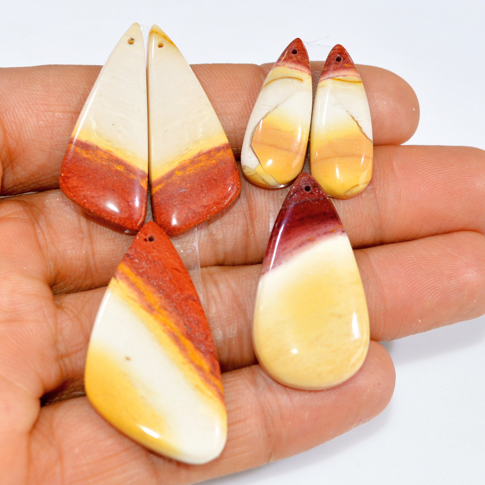 2 Sets 95 Cts Natural Red Mookaite Jasper 3 Pcs Set Front Drill For Matching Semi-Precious Gemstone For Earring and Pendant Making 15285