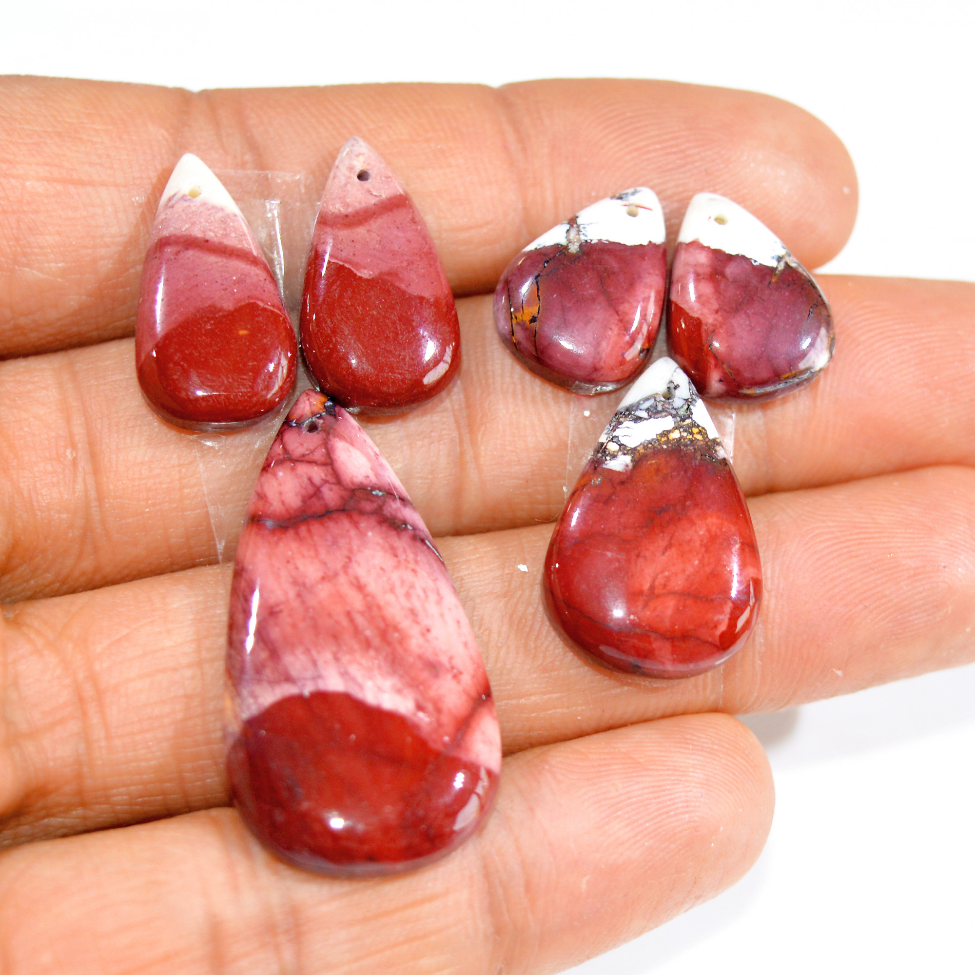 2 Sets 68 Cts Natural Red Mookaite Jasper 3 Pcs Set Front Drill For Matching Semi-Precious Gemstone For Earring and Pendant Making 15286
