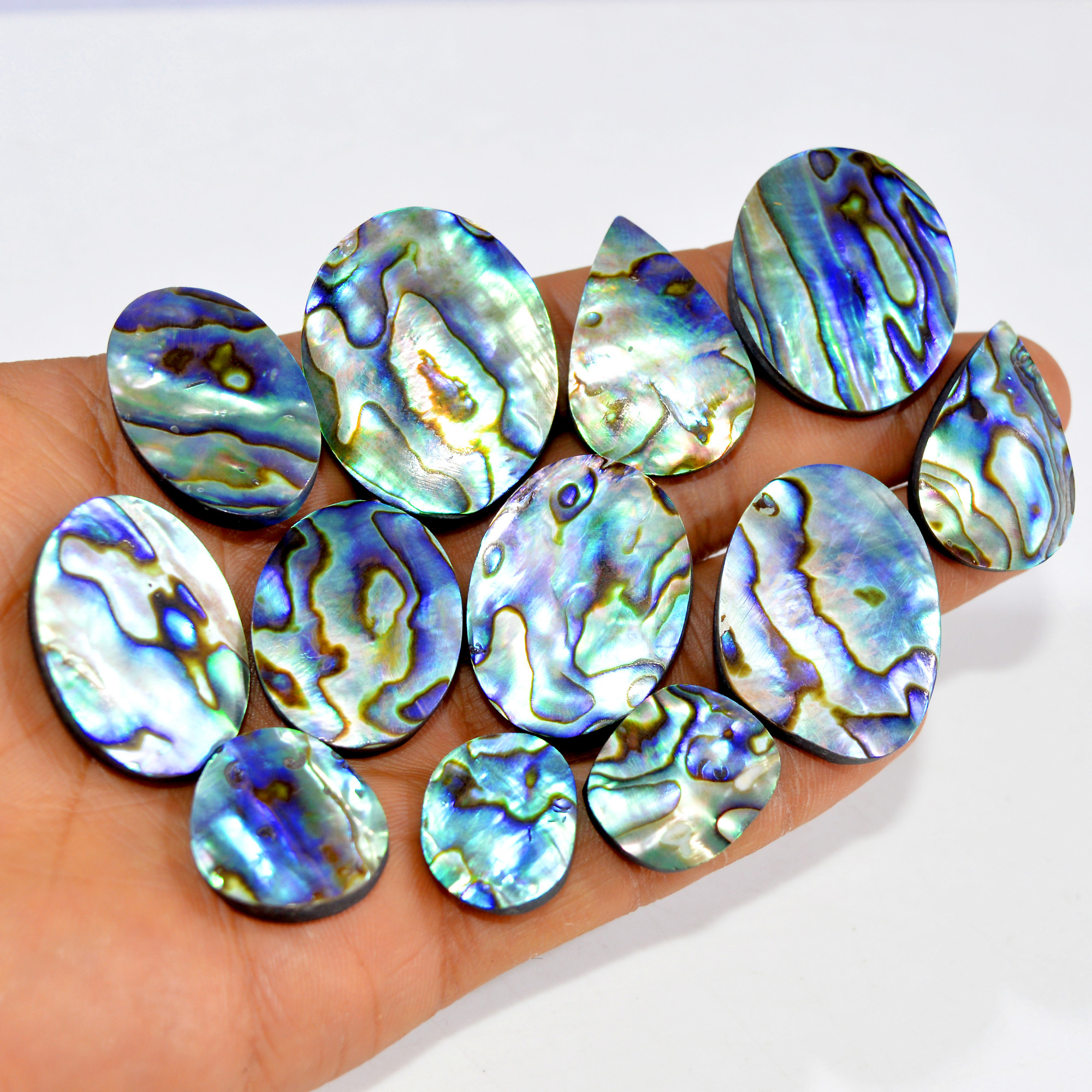 12Pcs 431Cts Natural Rainbow Abalone Shell Cabochon Gemstone Jewelry Making Craft Supply Stones Silver Jewelry Pendants 35x26 17x15mm 15288