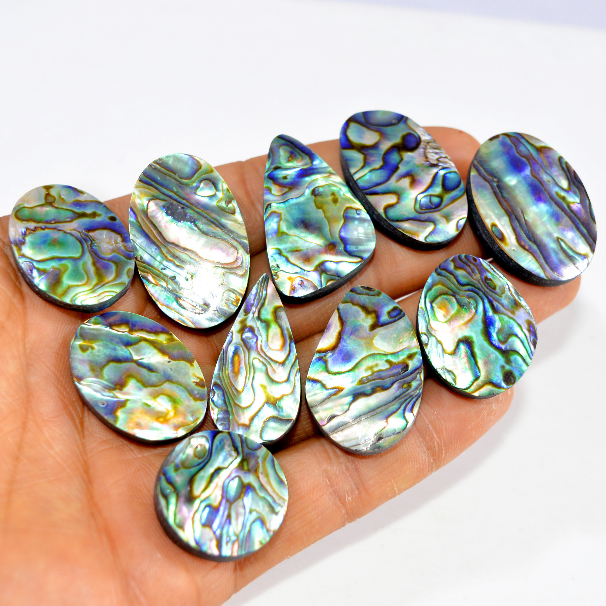 10Pcs 343Cts Natural Rainbow Abalone Shell Cabochon Gemstone Jewelry Making Craft Supply Stones Silver Jewelry Pendants 31x20 21x21mm 15290