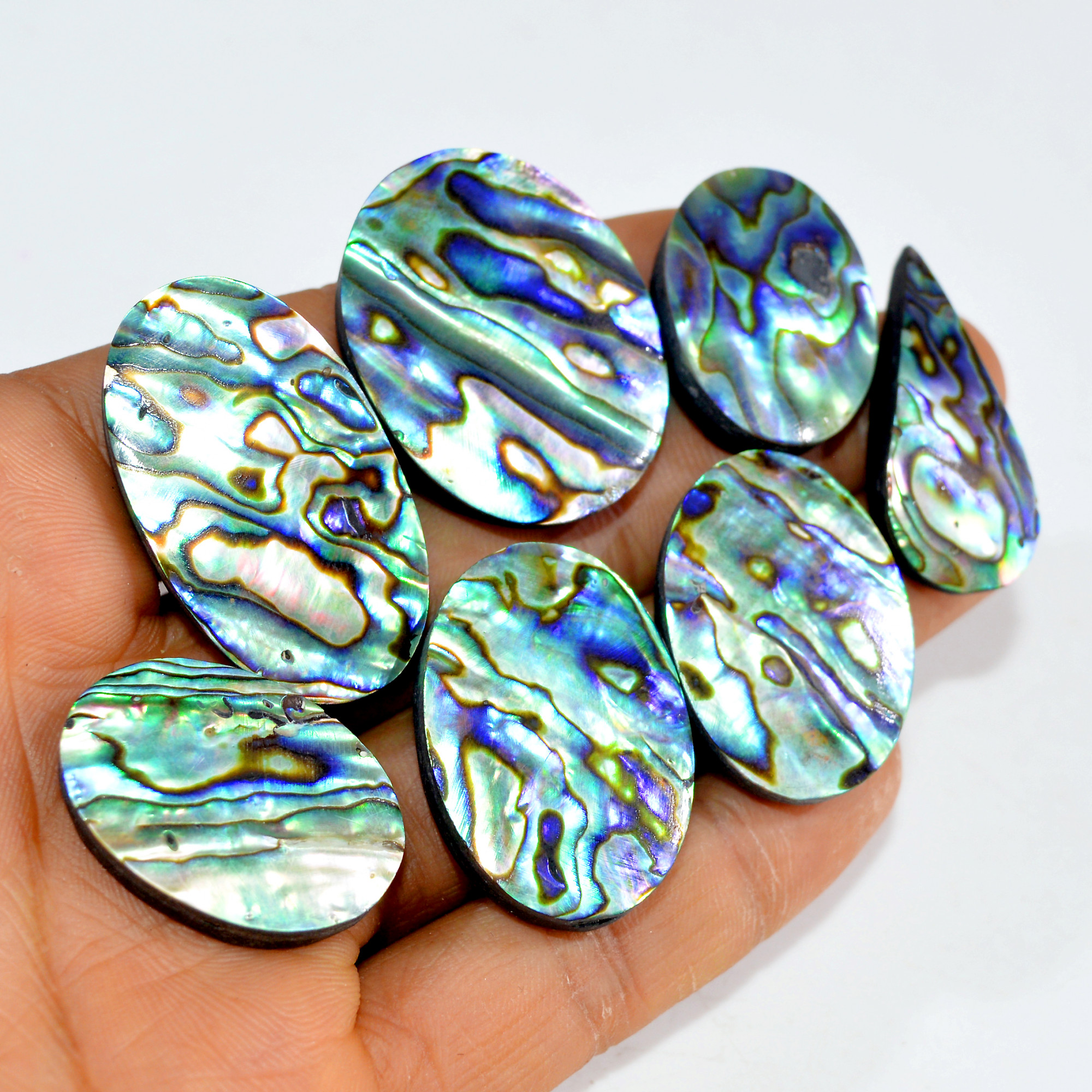 7Pcs 288Cts Natural Rainbow Abalone Shell Cabochon Gemstone Jewelry Making Craft Supply Stones Silver Jewelry Pendants 35x20 26x19mm 15291