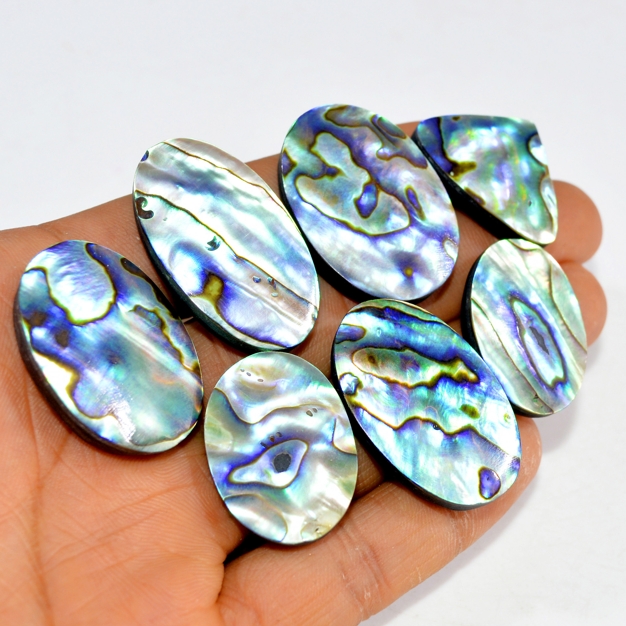 7Pcs 293Cts Natural Rainbow Abalone Shell Cabochon Gemstone Jewelry Making Craft Supply Stones Silver Jewelry Pendants 35x20 26x19mm 15292