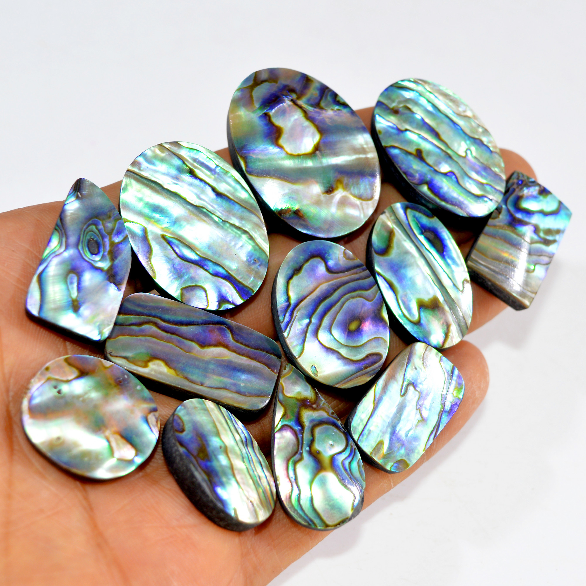 12Pcs 390Cts Natural Rainbow Abalone Shell Cabochon Gemstone Jewelry Making Craft Supply Stones Silver Jewelry Pendants 35x24 21x18mm 15293