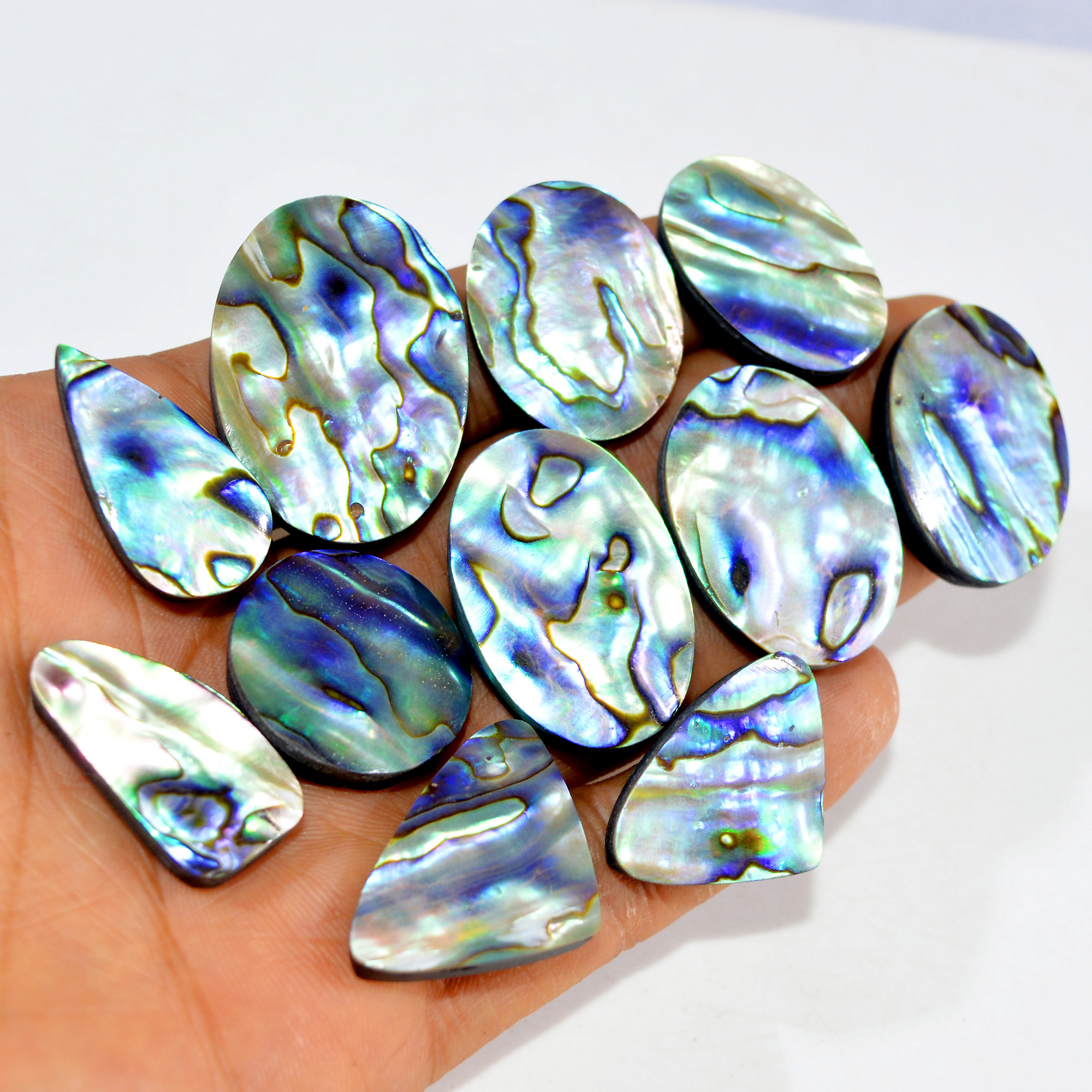 11Pcs 385Cts Natural Rainbow Abalone Shell Cabochon Gemstone Jewelry Making Craft Supply Stones Silver Jewelry Pendants 35x24 26x13mm 15294