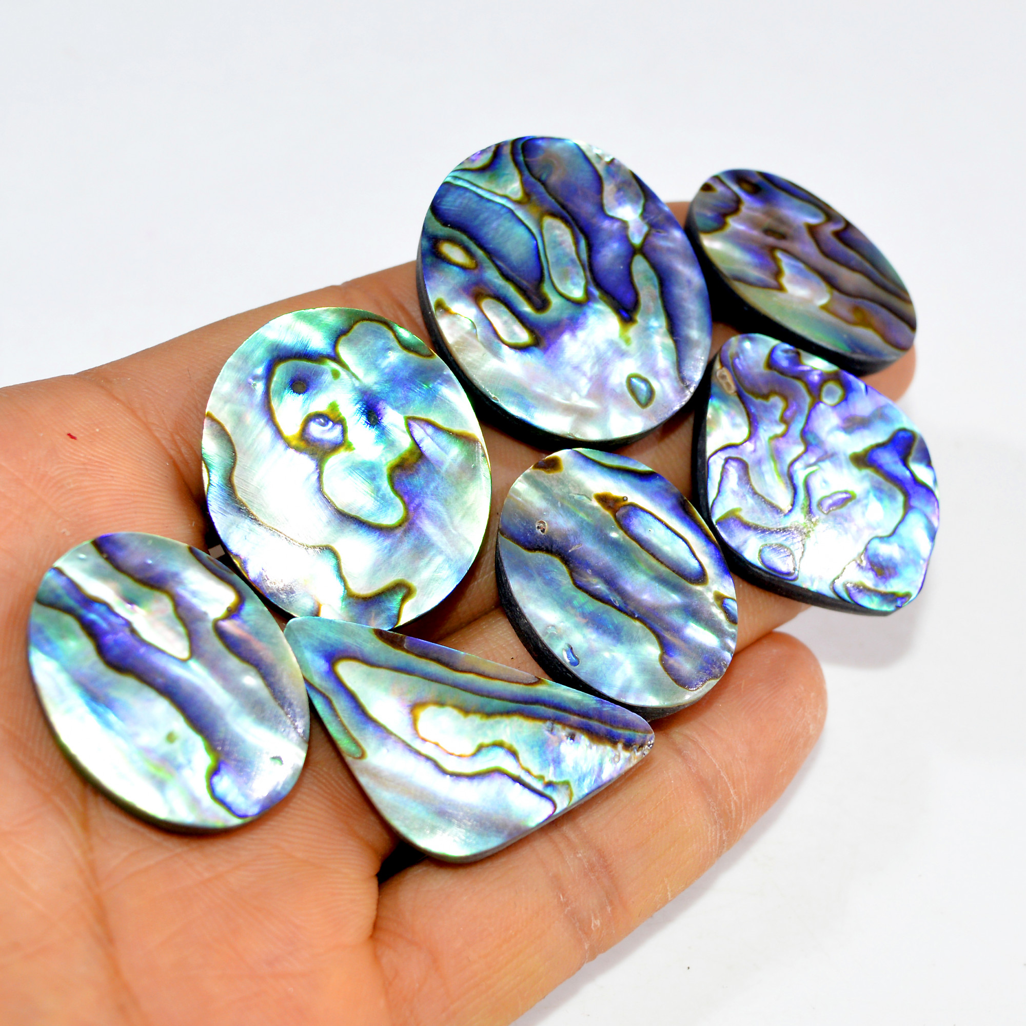 7Pcs 307Cts Natural Rainbow Abalone Shell Cabochon Gemstone Jewelry Making Craft Supply Stones Silver Jewelry Pendants 34x29 26x18mm 15295