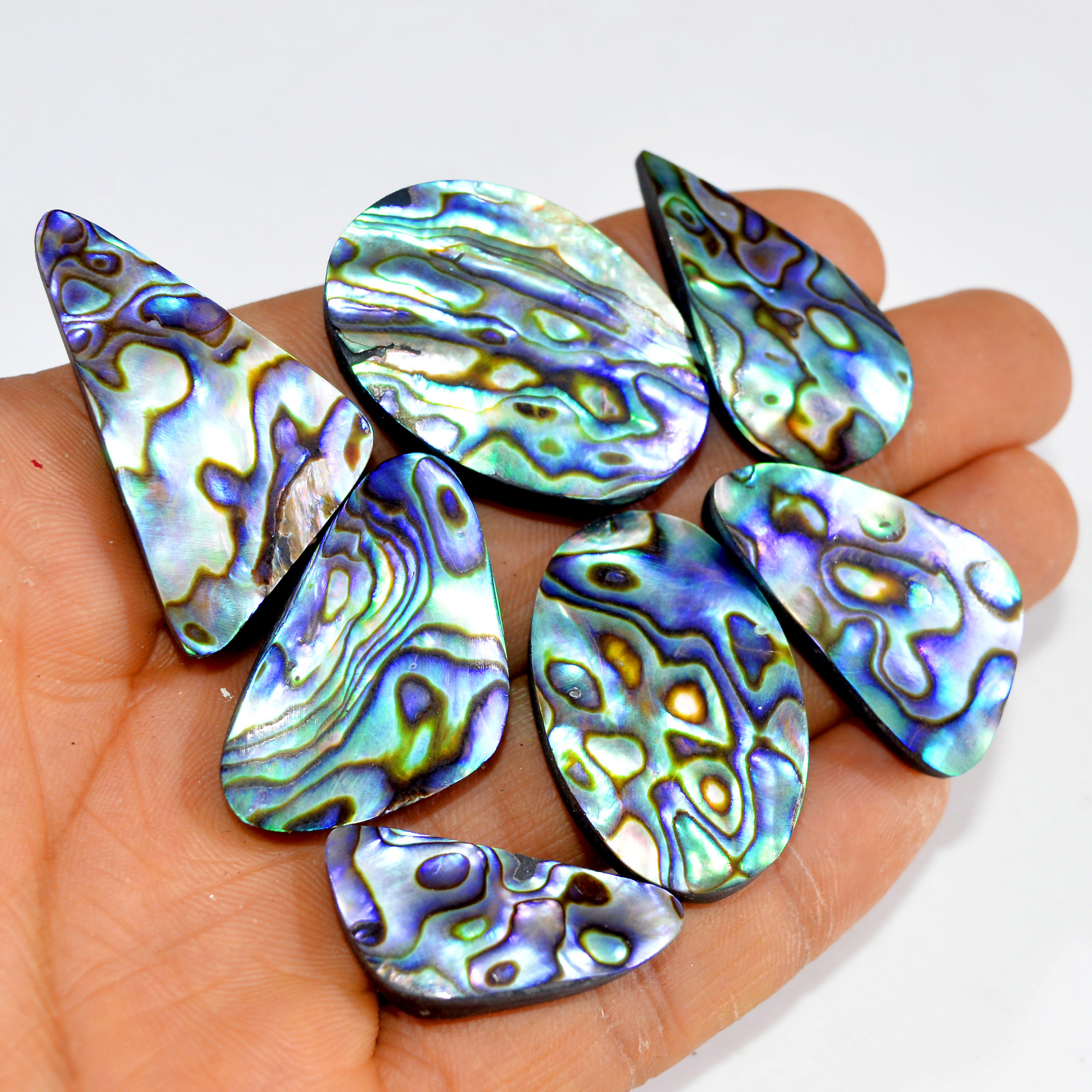 7Pcs 255Cts Natural Rainbow Abalone Shell Cabochon Gemstone Jewelry Making Craft Supply Stones Silver Jewelry Pendants 37x19 26x11mm 15297