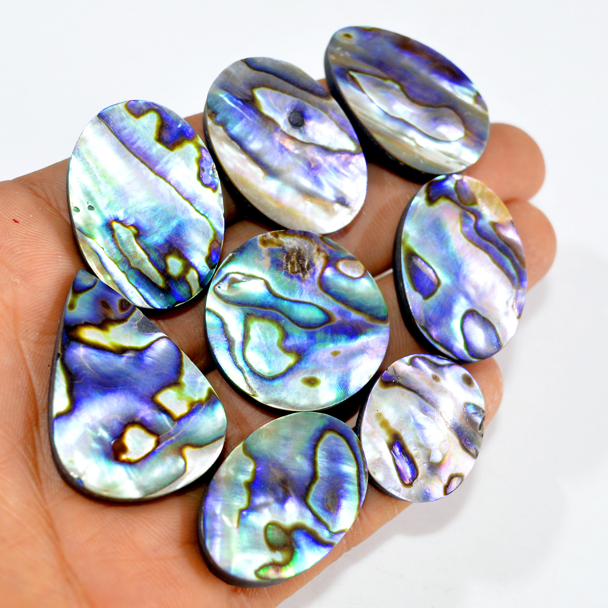 8Pcs 335Cts Natural Rainbow Abalone Shell Cabochon Gemstone Jewelry Making Craft Supply Stones Silver Jewelry Pendants 35x25 22x19mm 15298