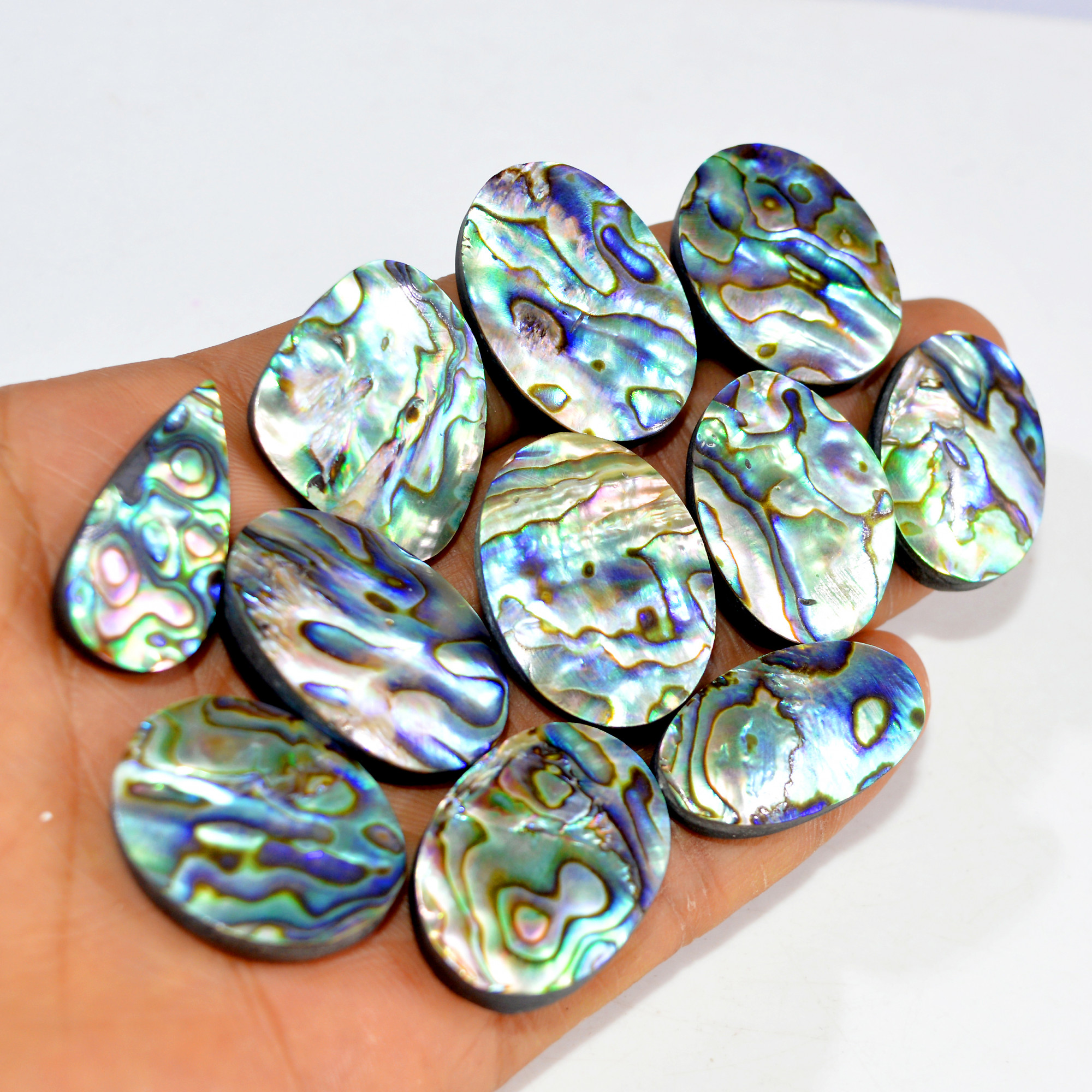 11Pcs 425Cts Natural Rainbow Abalone Shell Cabochon Gemstone Jewelry Making Craft Supply Stones Silver Jewelry Pendants 30x23 28x13mm 15306