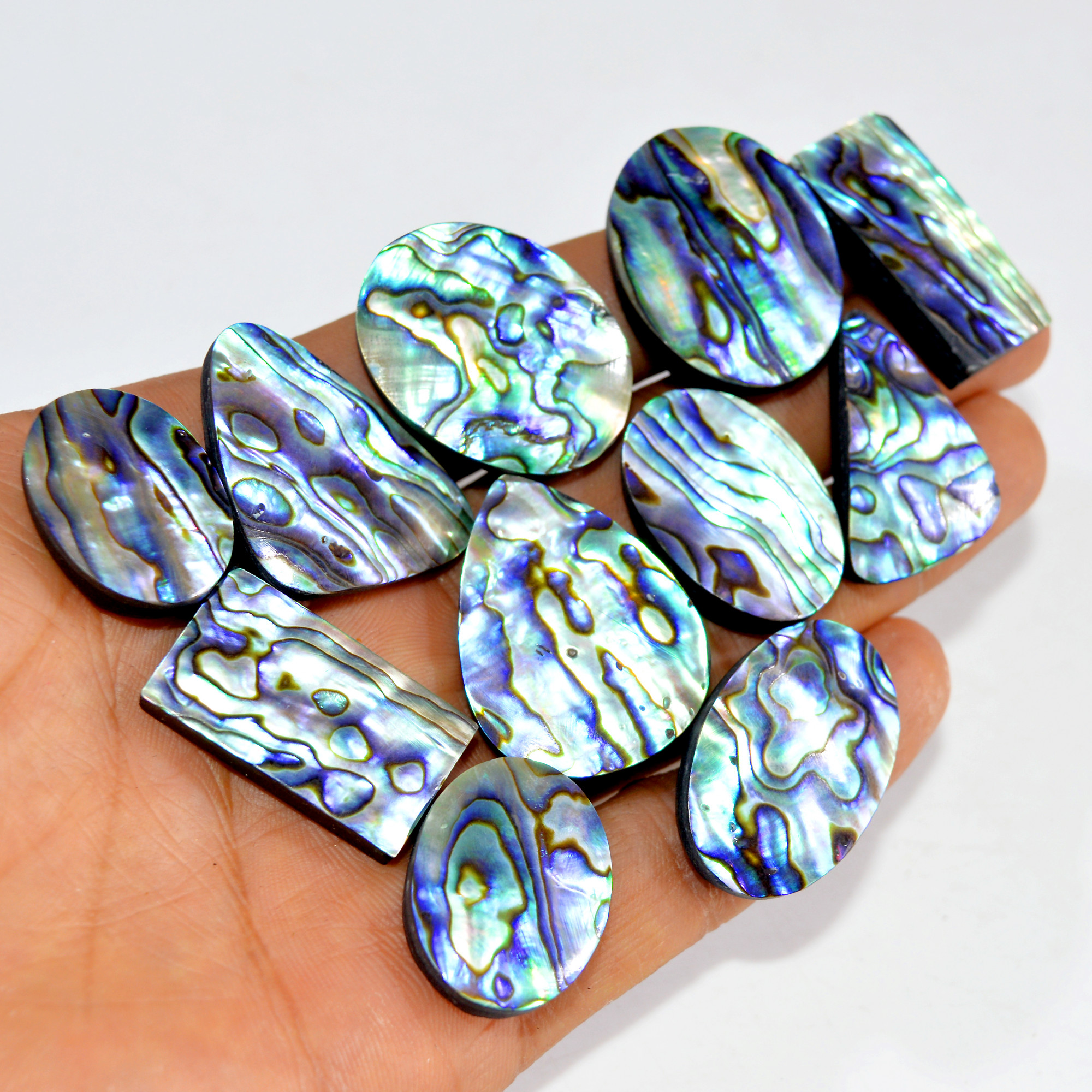 11Pcs 385Cts Natural Rainbow Abalone Shell Cabochon Gemstone Jewelry Making Craft Supply Stones Silver Jewelry Pendants 32x24 22x15mm 15308