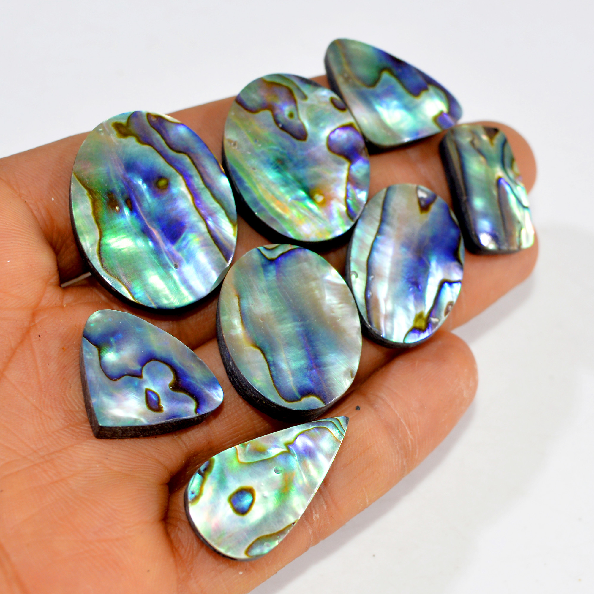 8Pcs 218Cts Natural Rainbow Abalone Shell Cabochon Gemstone Jewelry Making Craft Supply Stones Silver Jewelry Pendants 30x24 21x10mm 15312