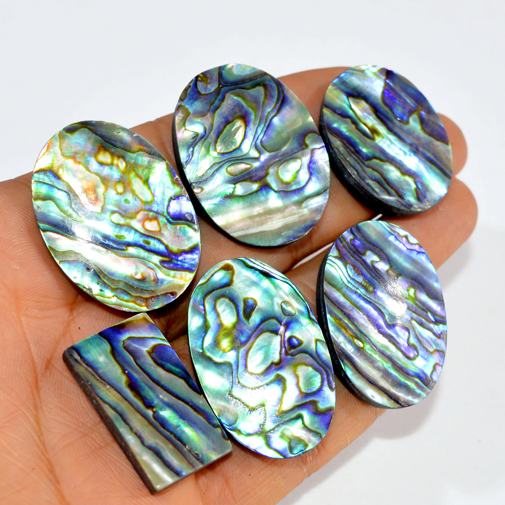 6Pcs 287Cts Natural Rainbow Abalone Shell Cabochon Gemstone Jewelry Making Craft Supply Stones Silver Jewelry Pendants 35x25 29x15mm 15313