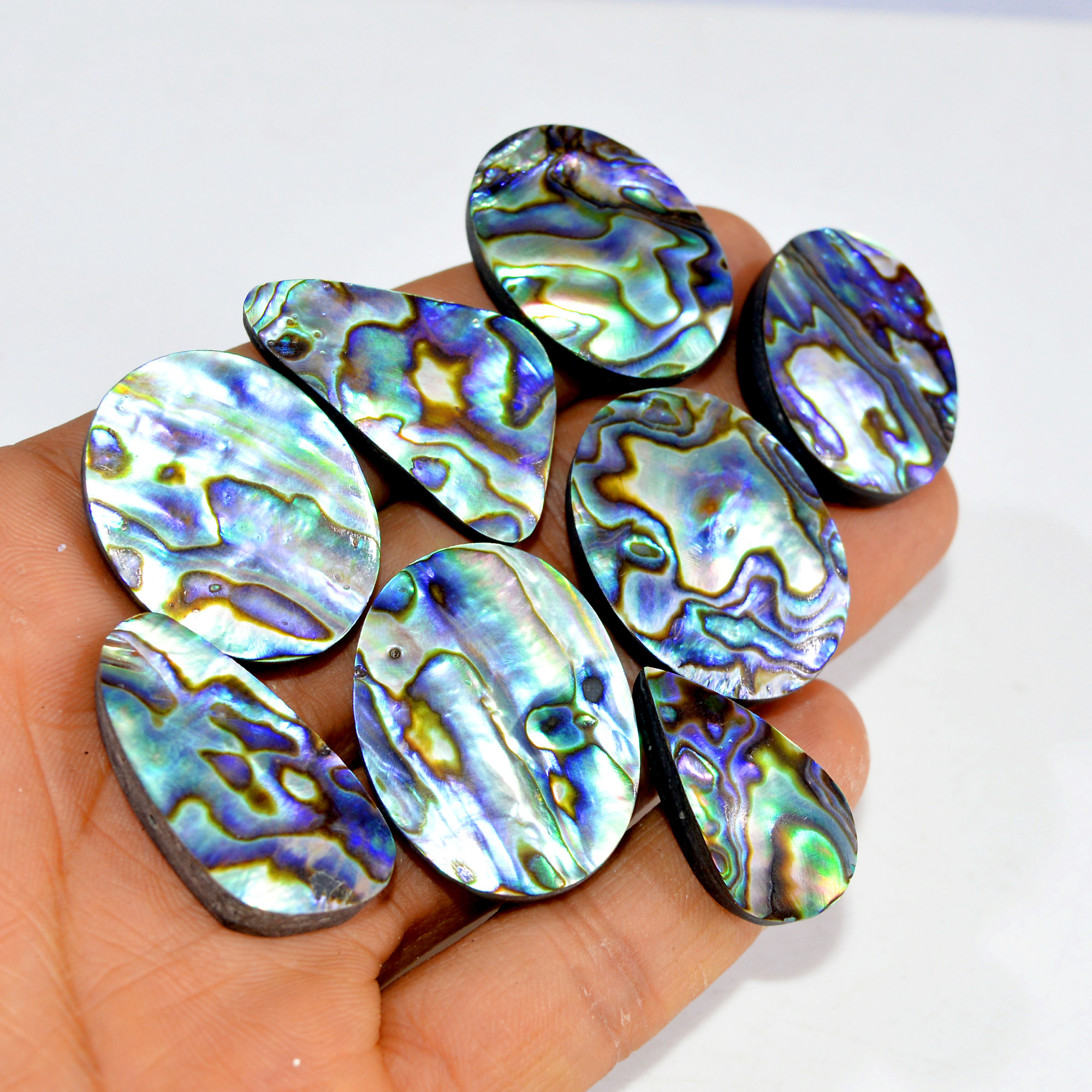 8Pcs 274Cts Natural Rainbow Abalone Shell Cabochon Gemstone Jewelry Making Craft Supply Stones Silver Jewelry Pendants 30x22 25x14mm 15321