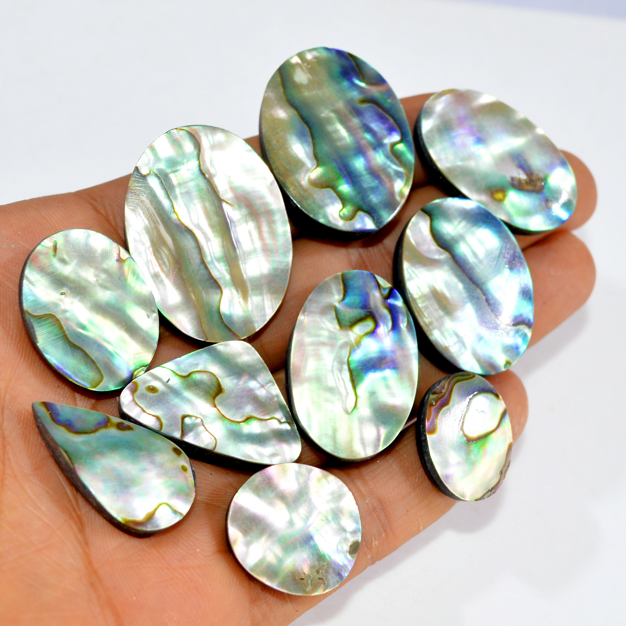 10Pcs 347Cts Natural Abalone Shell Cabochon Gemstone Wholesale Lot Semi Precious Stone Necklace Jewelry Gift For Her 35x25 20x14mm 15323