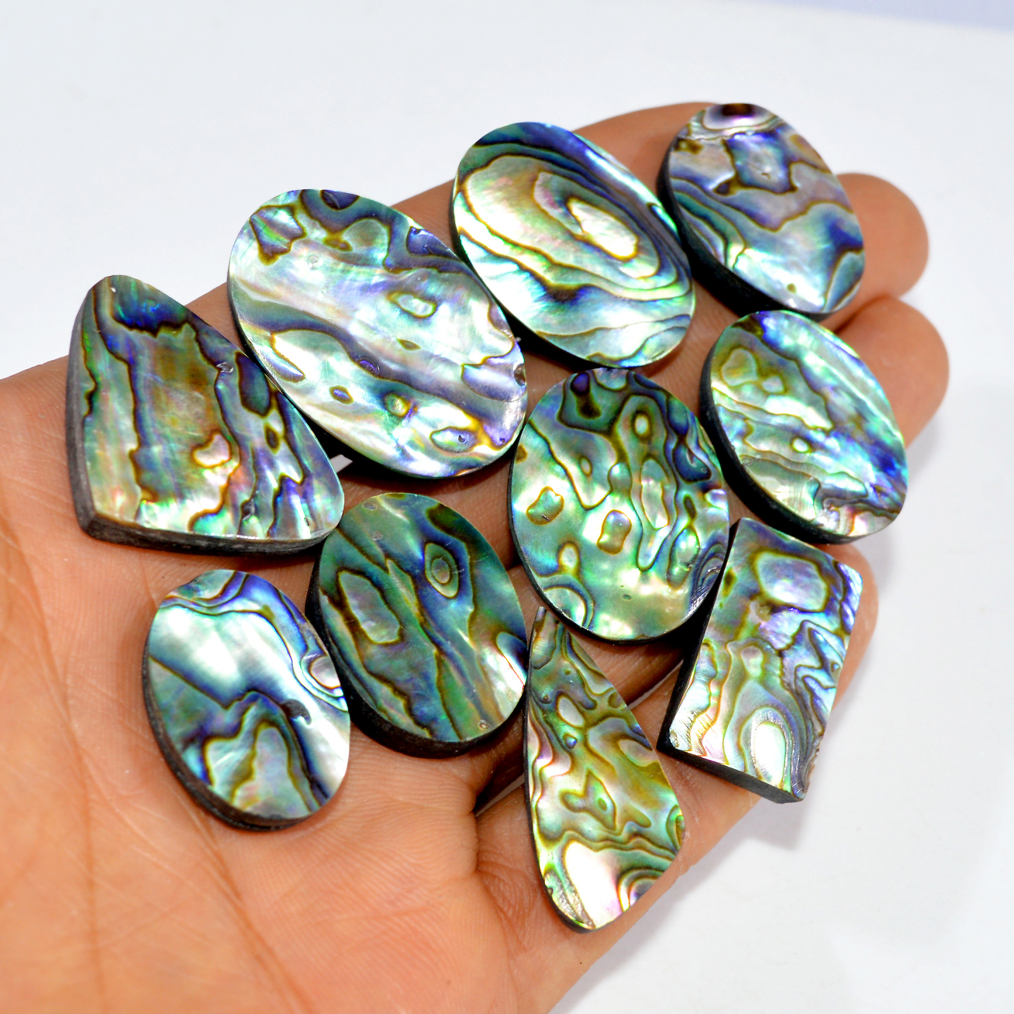 10Pcs 310Cts Natural Abalone Shell Cabochon Gemstone Wholesale Lot Semi Precious Stone Necklace Jewelry Gift For Her 32x22 23x15mm 15339