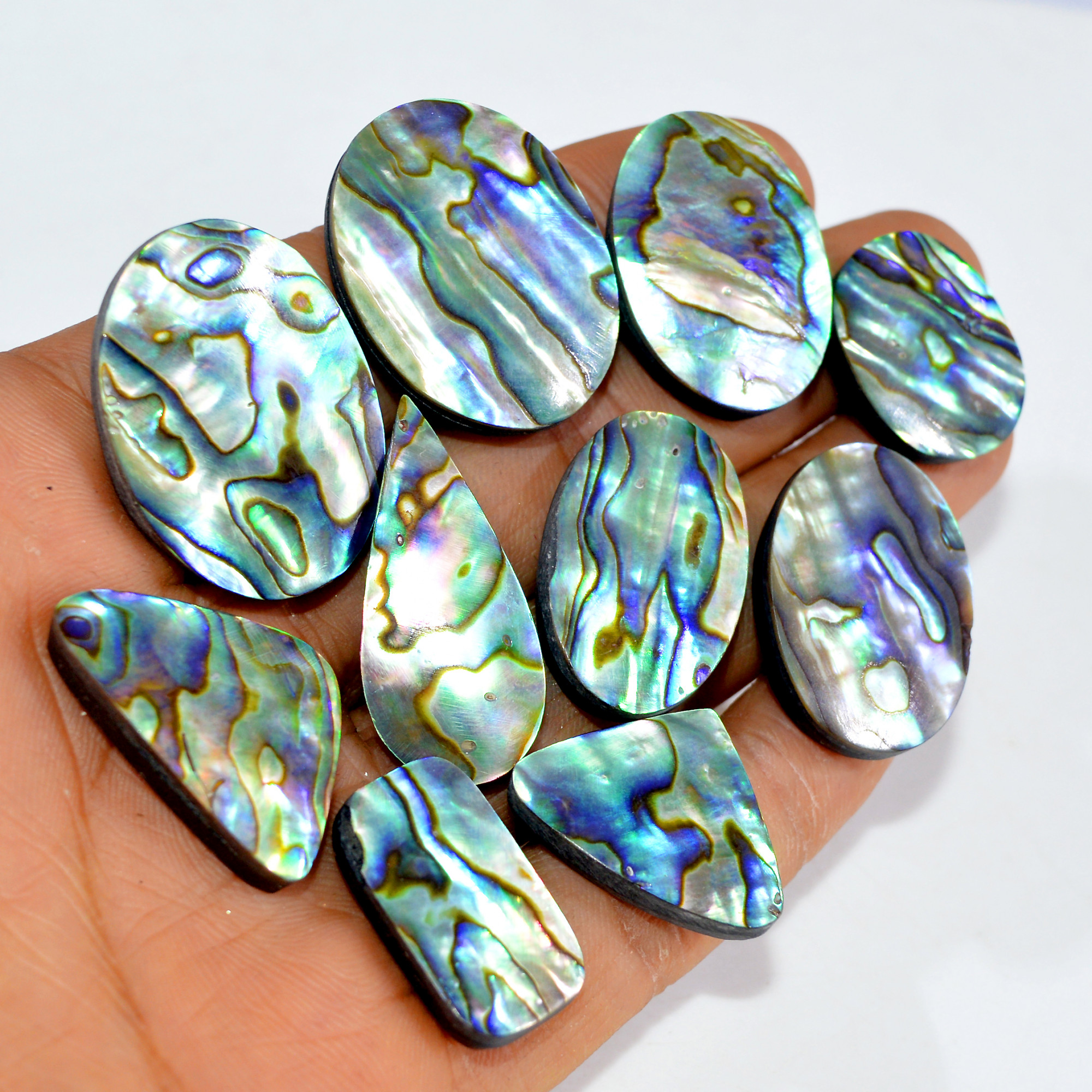 10Pcs 295Cts Natural Abalone Shell Cabochon Gemstone Wholesale Lot Semi Precious Stone Necklace Jewelry Gift For Her 30x21 22x11mm 15344