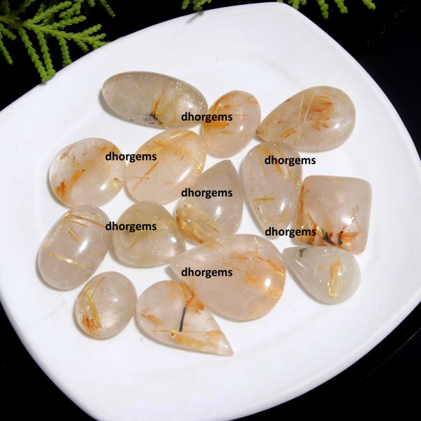14 Pcs 188CTS Golden Rutile Quartz Mix Cabochon Loose Gemstone Wholesale Lot Size 16x12 25x18 mm