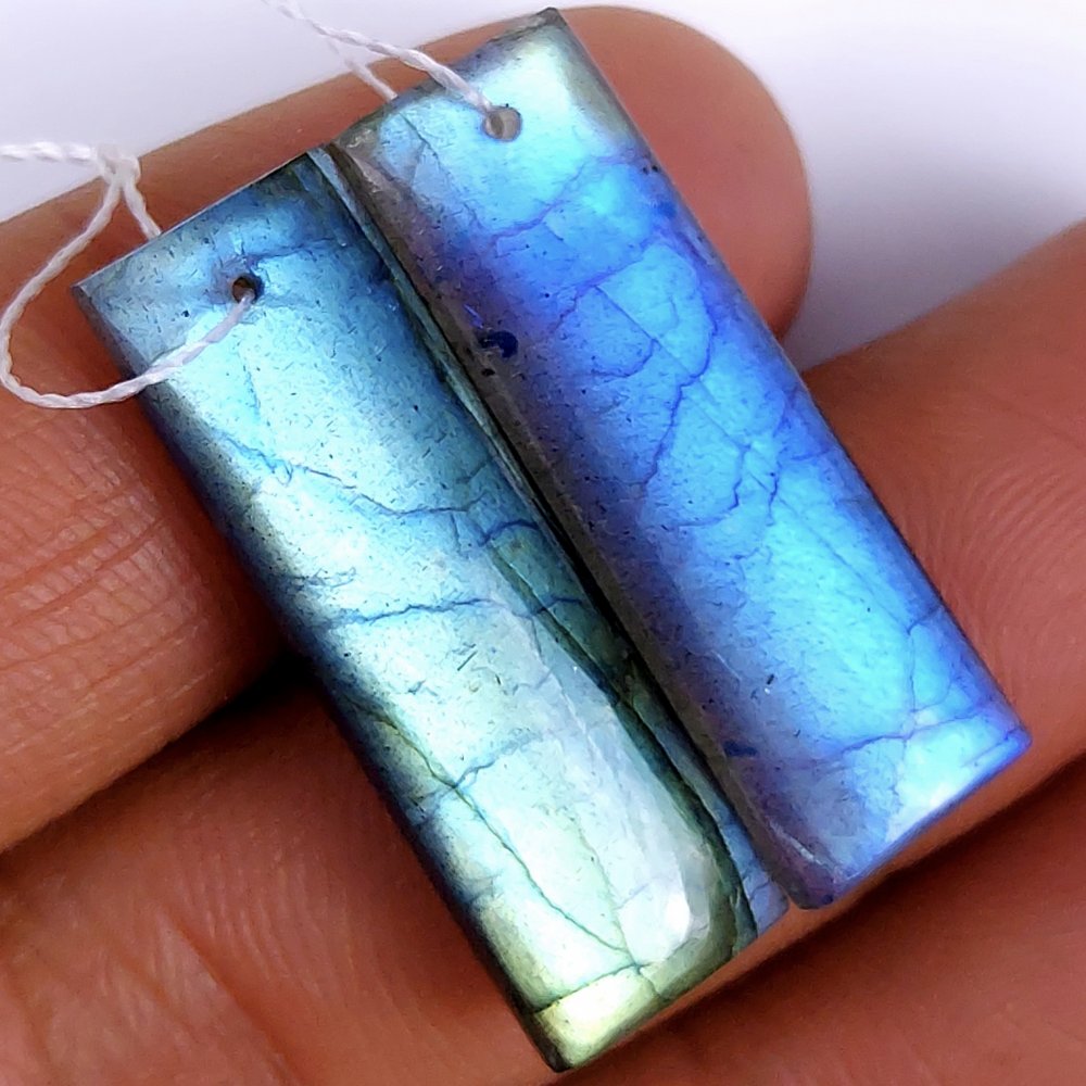 29Cts Natural Multi Fire Labradorite Cabochon Pair Rectangle Shape Drilled Loose Gemstone 28x10mm #155
