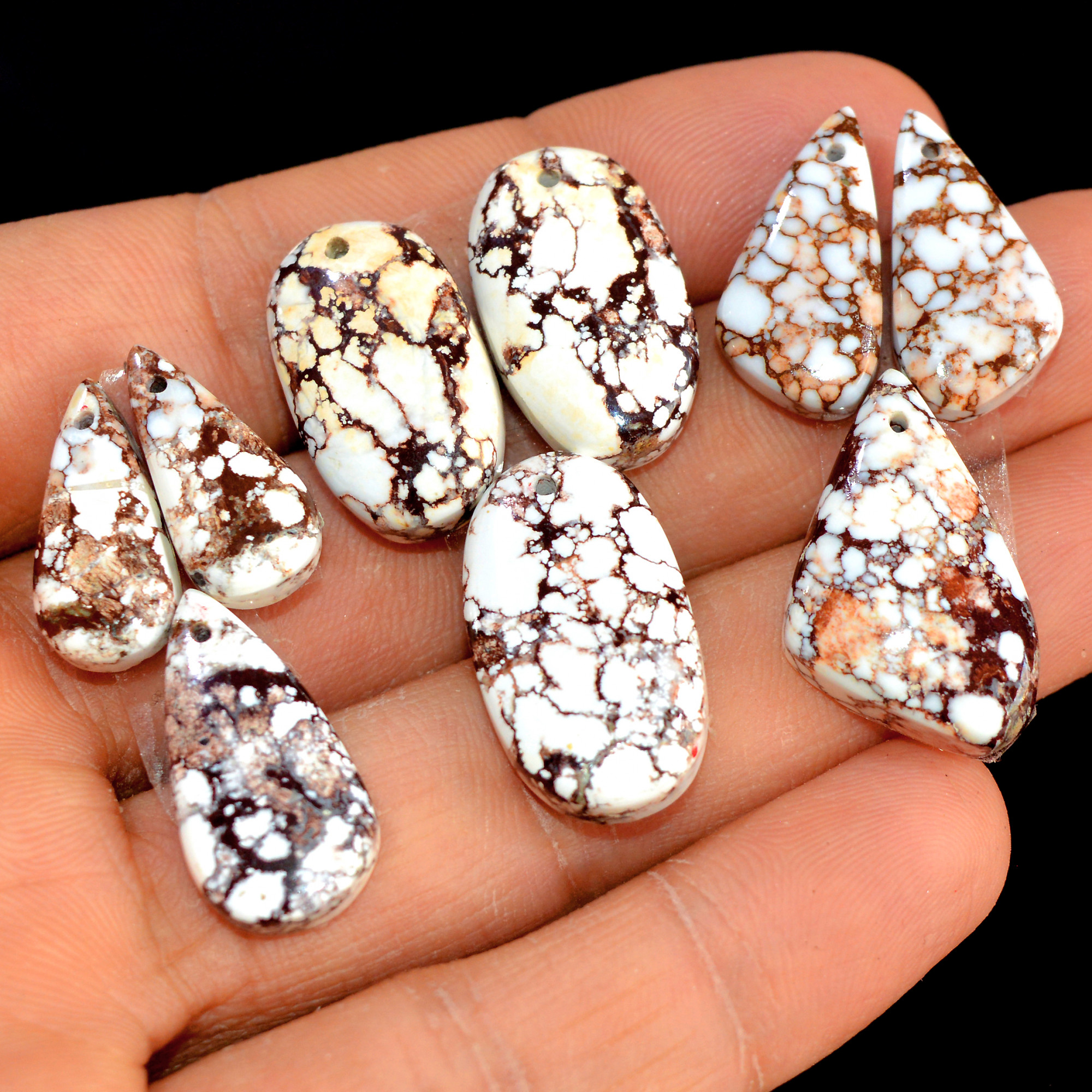 3 Sets 109 Cts Brown Wild Horse Magesite Natural Gemstone Cabochon 3 Pcs Matching Earring and Pendant Set White Turquoise Crystal 15528