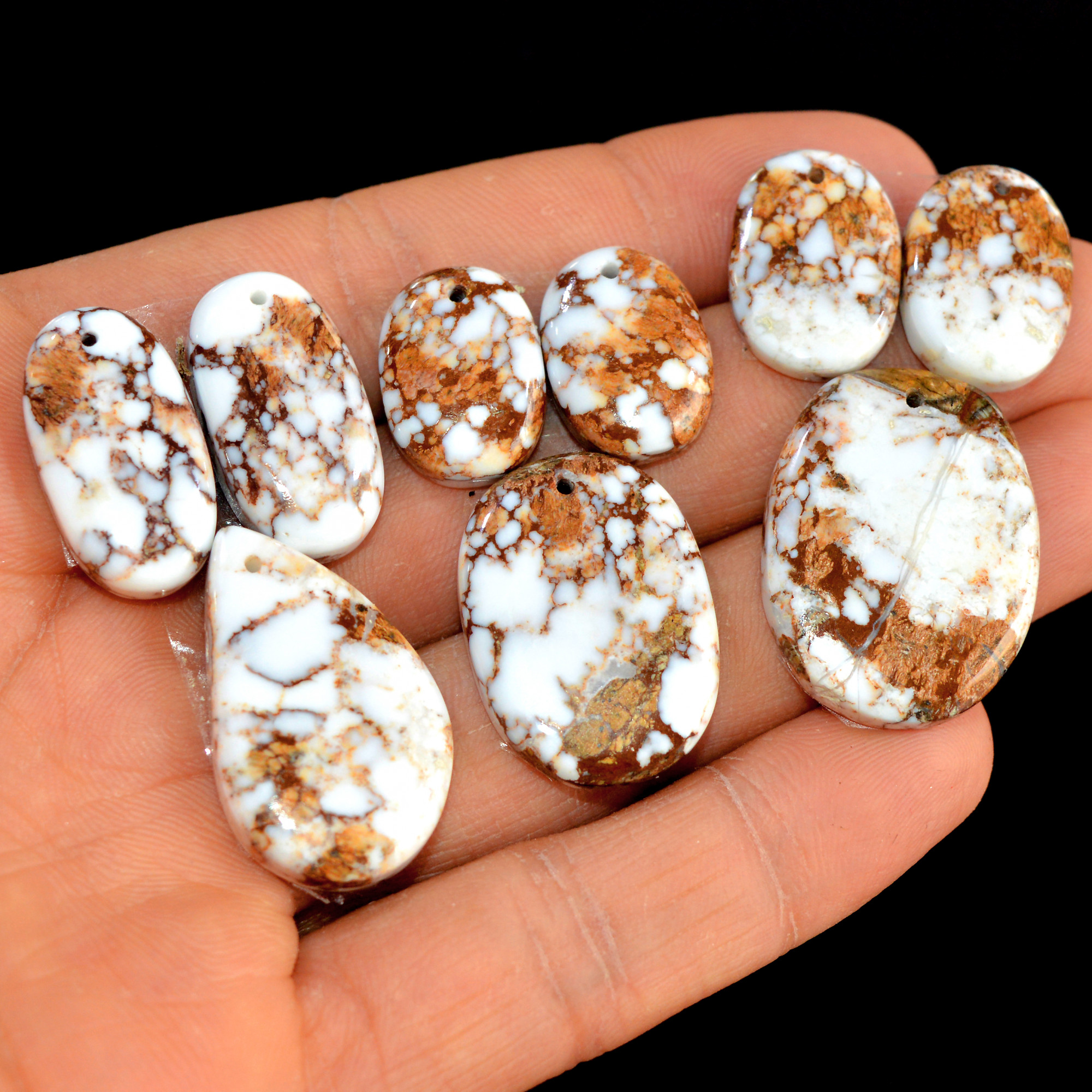 3 Sets 168 Cts Brown Wild Horse Magesite Natural Gemstone Cabochon 3 Pcs Matching Earring and Pendant Set White Turquoise Crystal 15529