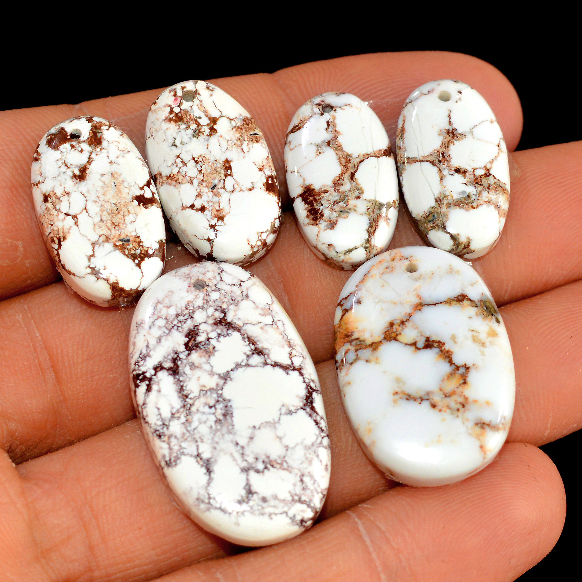 2 Sets 106 Cts Brown Wild Horse Magesite Natural Gemstone Cabochon 3 Pcs Matching Earring and Pendant Set White Turquoise Crystal 15530