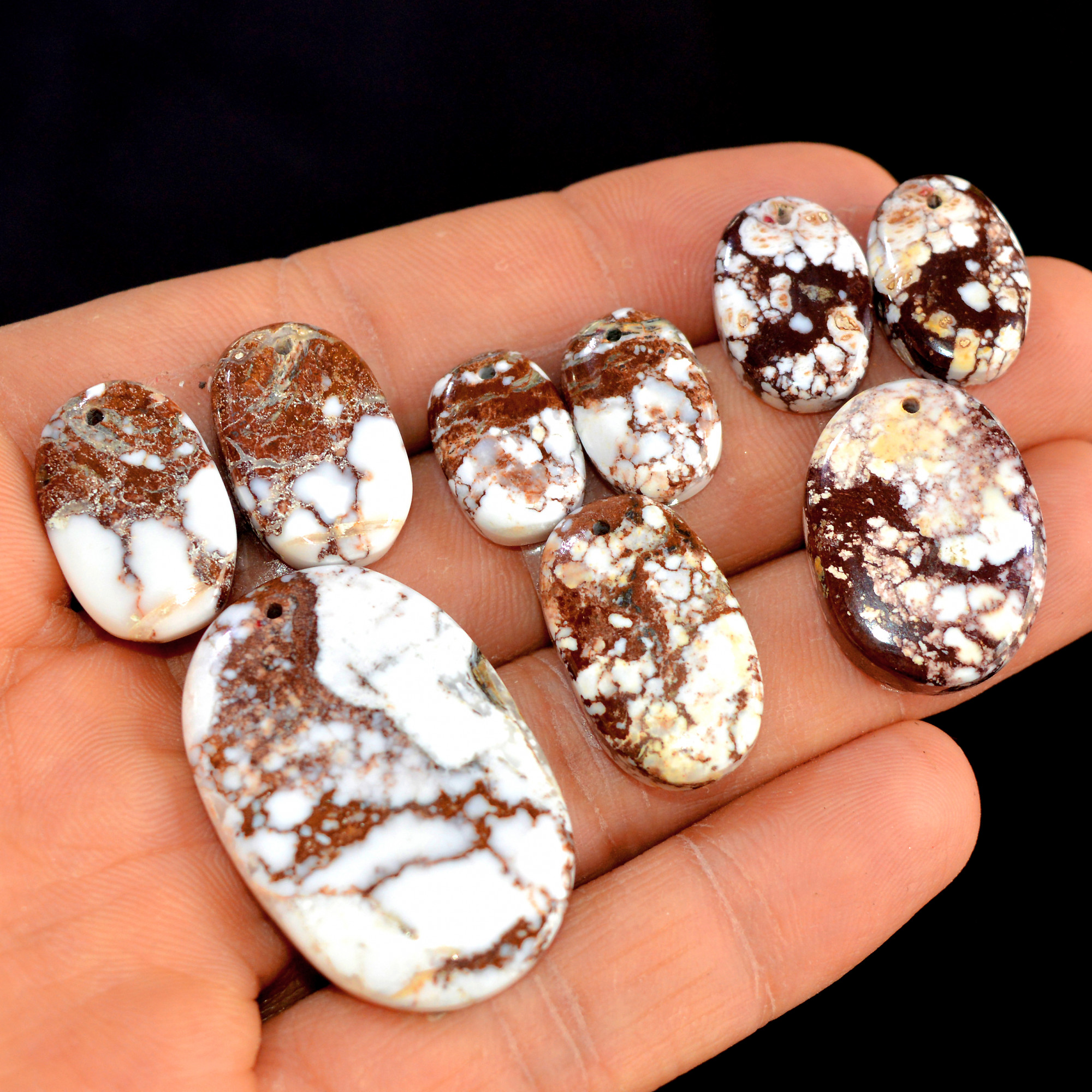 3 Sets 143 Cts Brown Wild Horse Magesite Natural Gemstone Cabochon 3 Pcs Matching Earring and Pendant Set White Turquoise Crystal 15531
