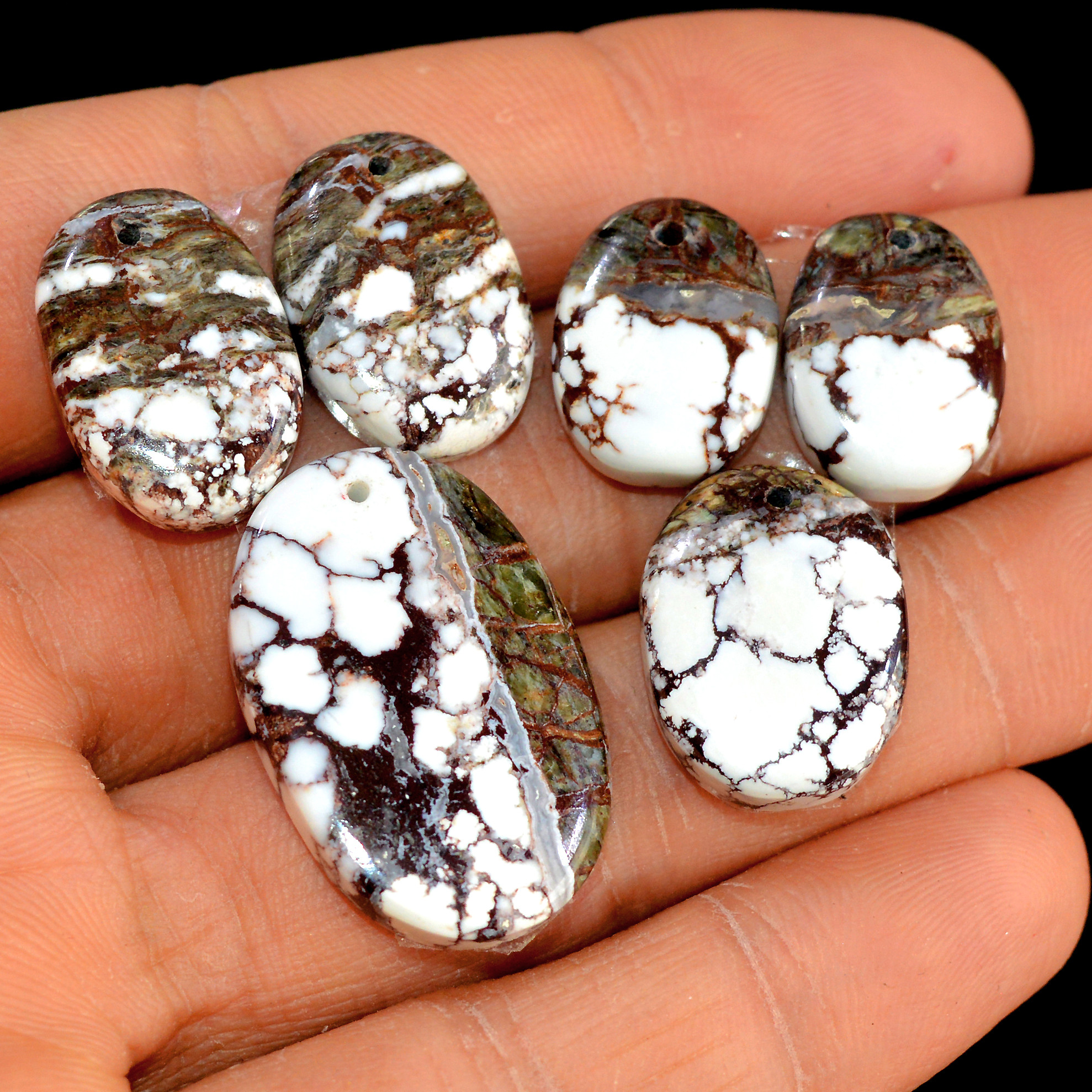 2 Sets 82 Cts Brown Wild Horse Magesite Natural Gemstone Cabochon 3 Pcs Matching Earring and Pendant Set White Turquoise Crystal 15532