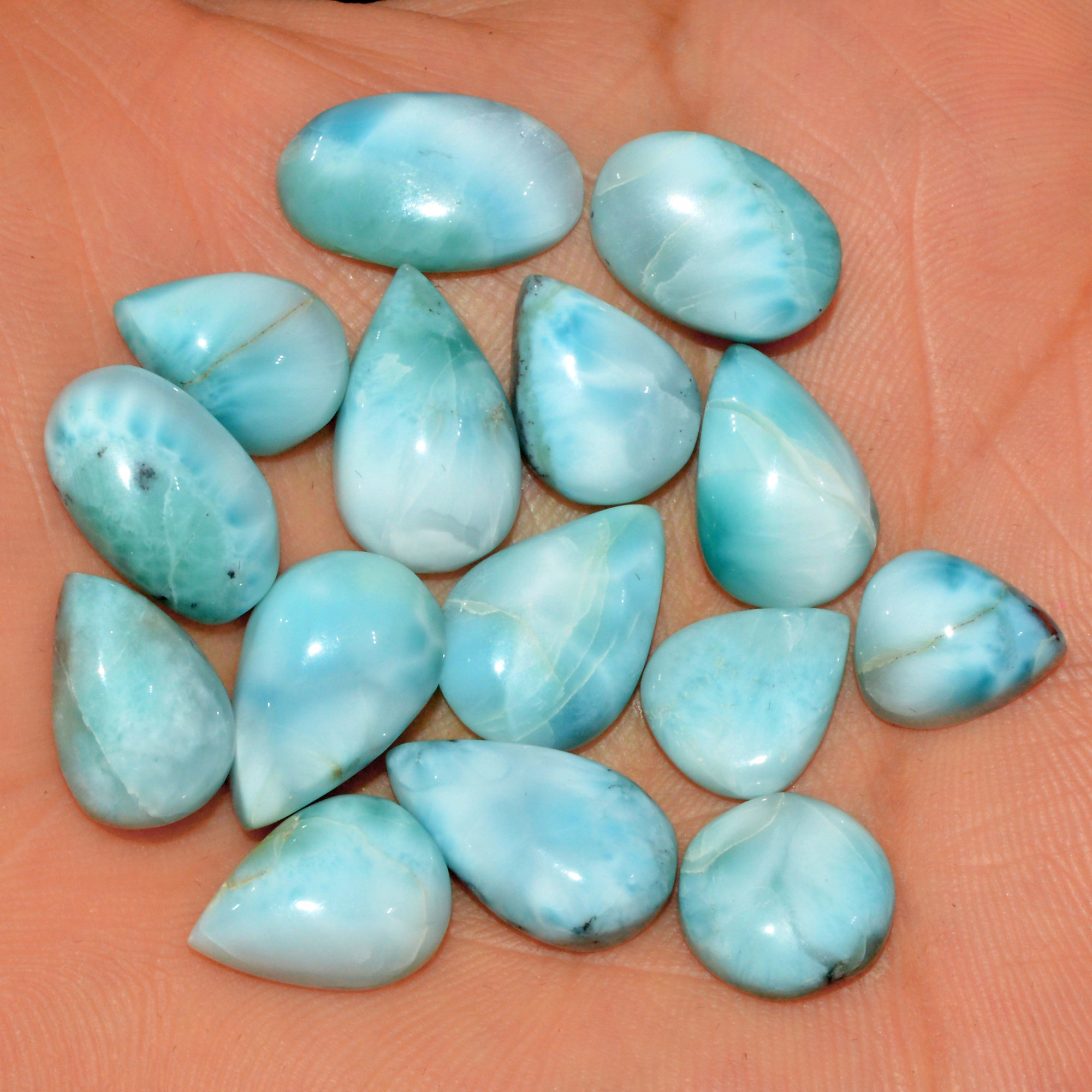 15 Pcs 97 Cts Natural Larimar Cabochon Gemstone Loose Semi Precious Wholesale Lot Jewelry Making Wire Wrapping Pendant 14x9 10x9mm 15598