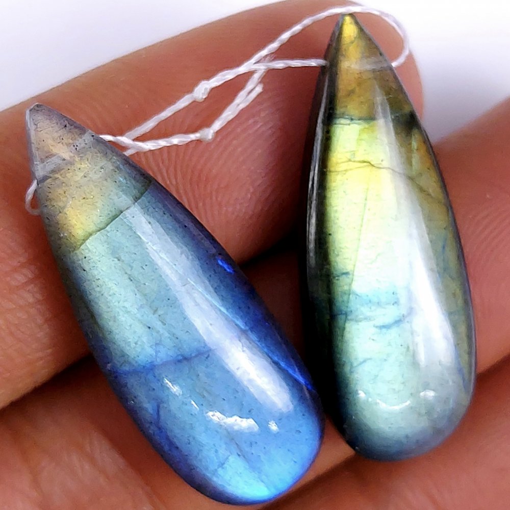 31Cts Natural Multi Fire Labradorite Cabochon Pair Pear Shape Drilled Loose Gemstone 32x12mm #156