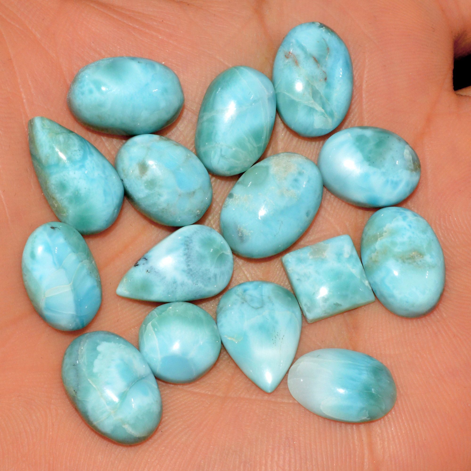 15 Pcs 117 Cts Natural Larimar Cabochon Gemstone Loose Semi Precious Wholesale Lot Jewelry Making Wire Wrapping Pendant 15x10 9x9mm 15605