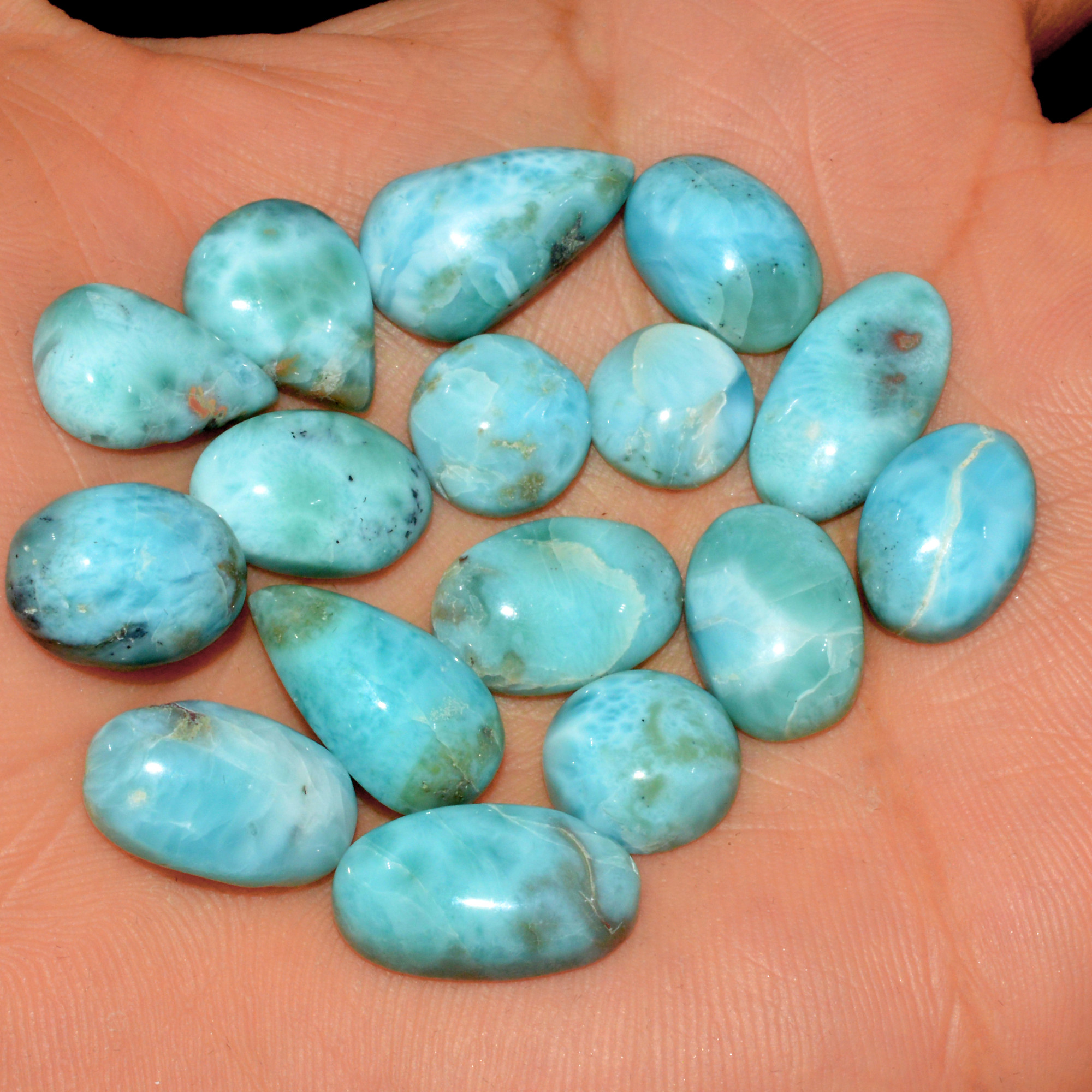 16 Pcs 118 Cts Natural Larimar Cabochon Gemstone Lot Mixed Shapes and Sizes Wholesale Crystal Loose Jewelry Supplies 17x10 9x9mm 15624