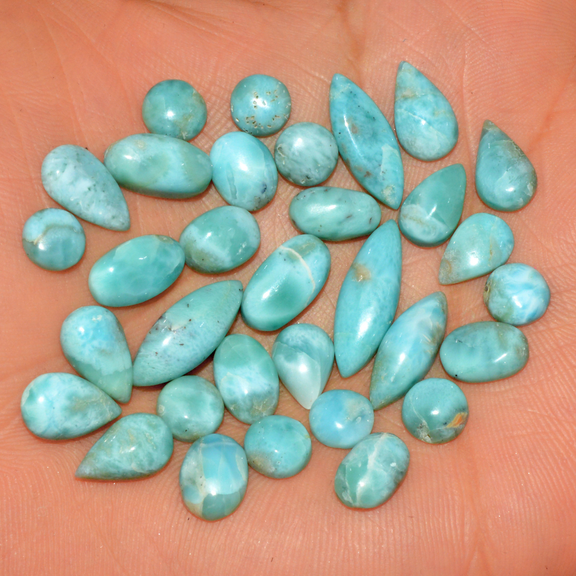 32 Pcs 87 Cts Natural Larimar Cabochon Gemstone Lot Mixed Shapes and Sizes Wholesale Crystal Loose Jewelry Supplies 19x5 6x6mm 15629