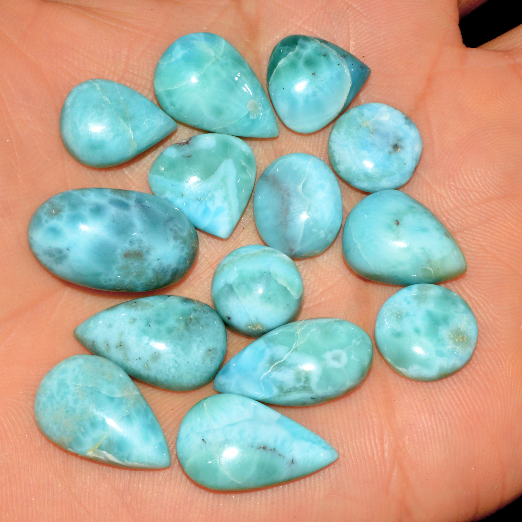 14 Pcs 130 Cts Natural Larimar Cabochon Gemstone Lot Mixed Shapes and Sizes Wholesale Crystal Loose Jewelry Supplies 21x12 11x11mm 15638