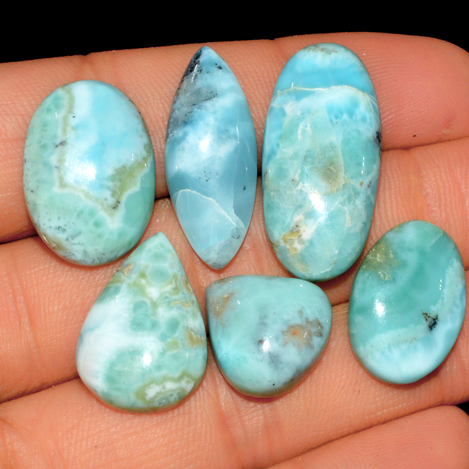 6 Pcs 88 Cts Natural Larimar Cabochon Gemstone Lot Mixed Shapes and Sizes Wholesale Crystal Loose Jewelry Supplies 28x13 14x14mm 15648