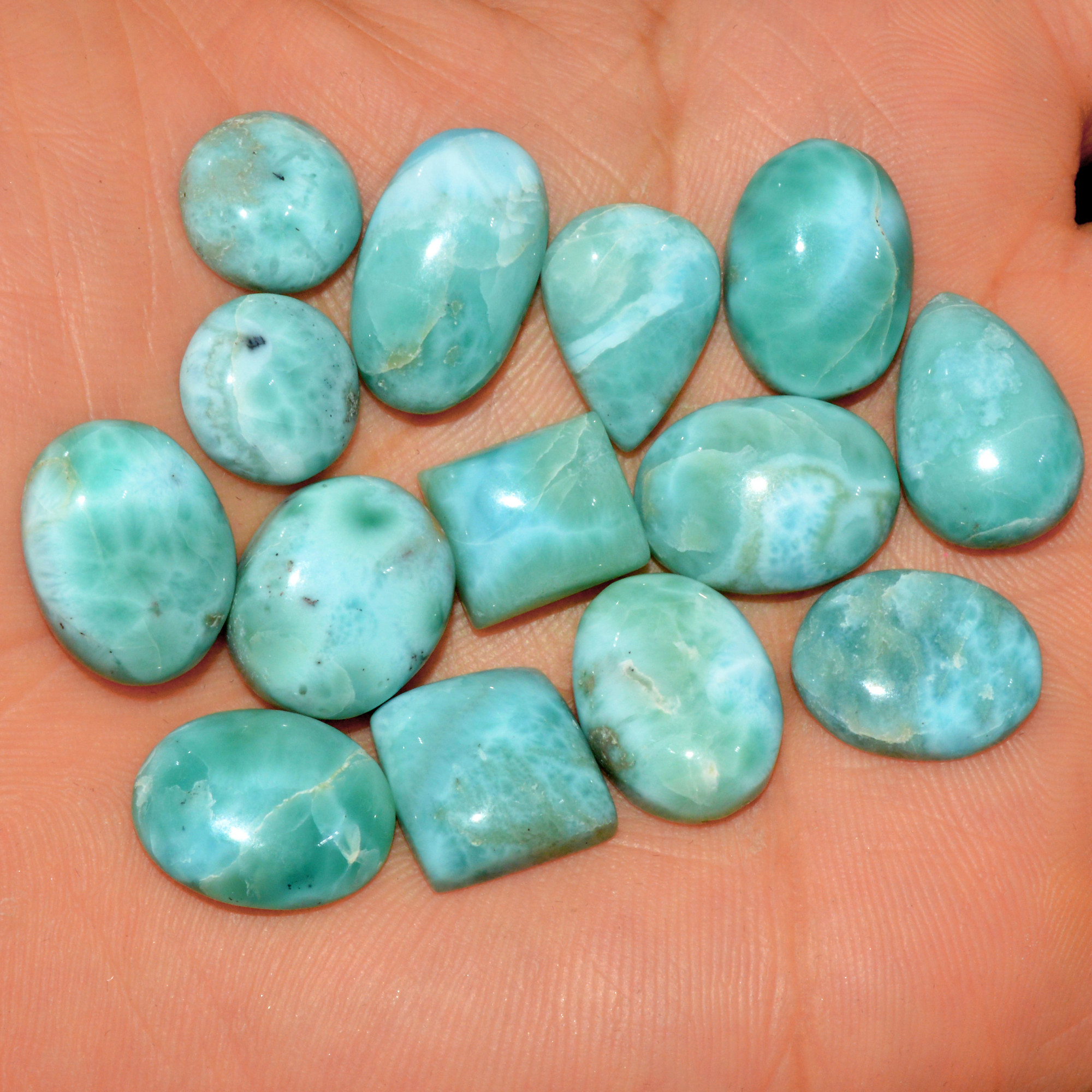 14 Pcs 144 Cts Natural Larimar Cabochon Gemstone Lot Mixed Shapes and Sizes Wholesale Crystal Loose Jewelry Supplies 18x10 10x10mm 15649